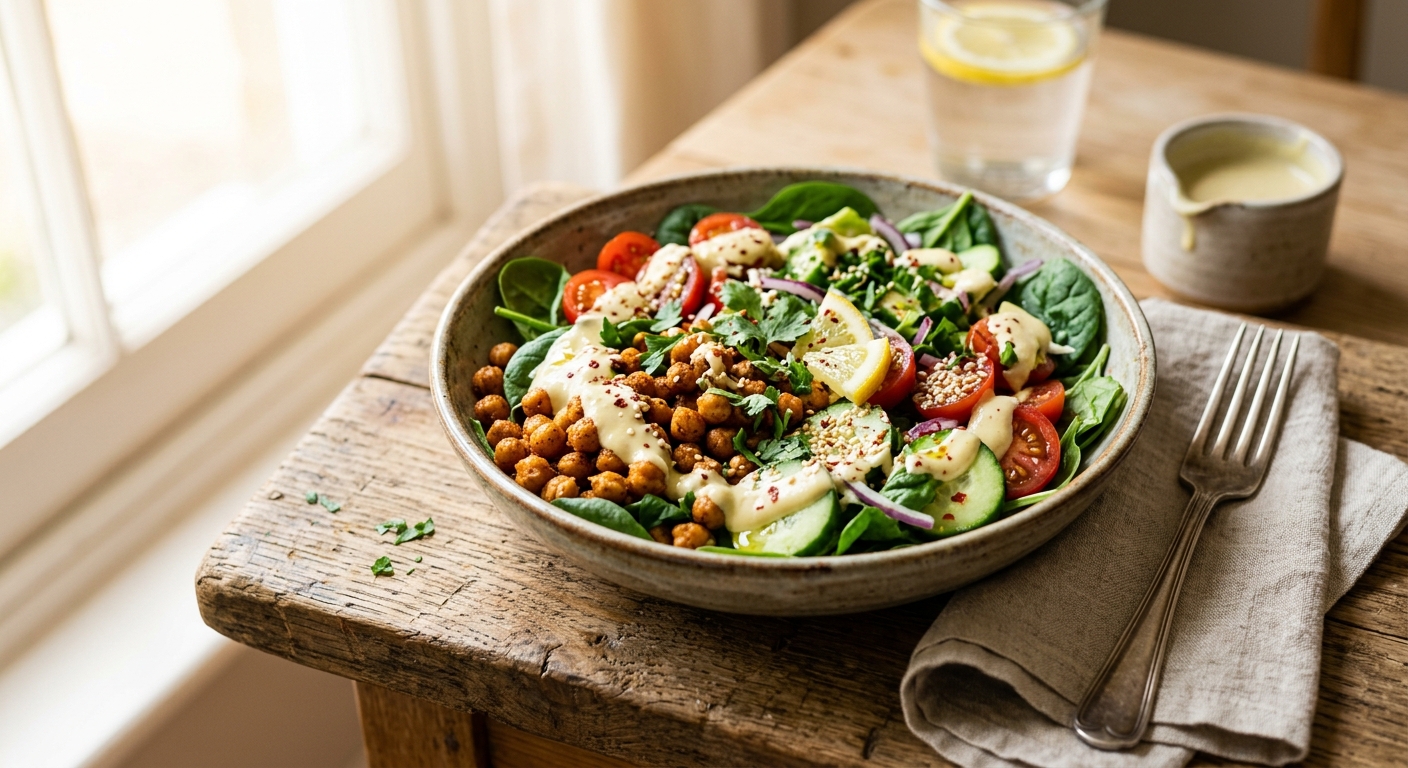 Spiced Chickpea and Spinach Salad with Lemon Tahini Dressing — recipe by RecipeFiler