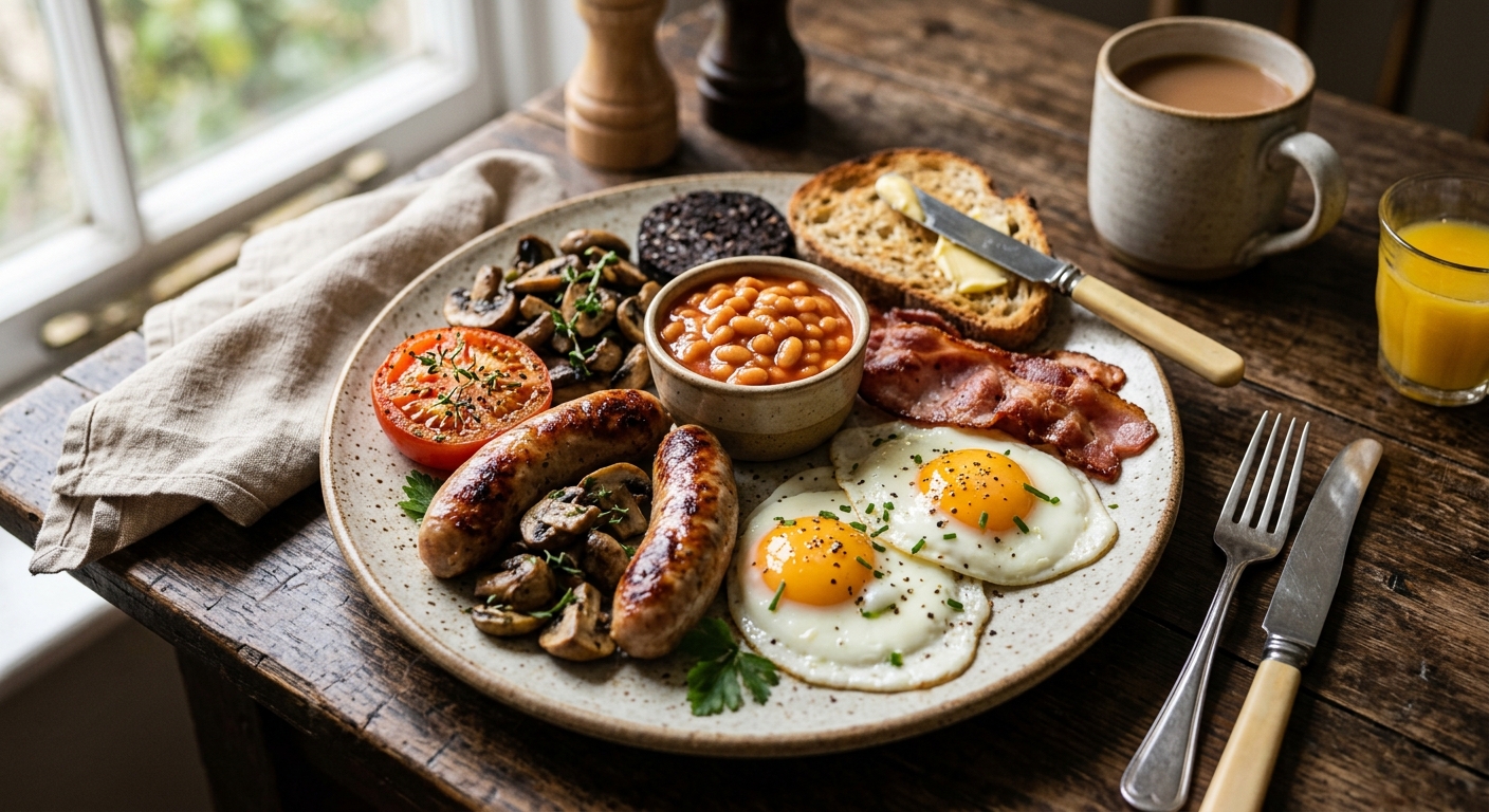 Full English Breakfast, Egg, Bacon, Sausage, Black Pudding, Baked Beans, Tomatoes, Mushrooms — AI-generated headline for Instagram