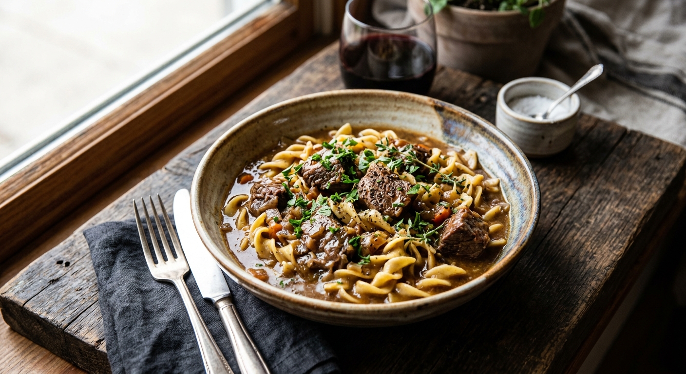 Crockpot Beef & Noodles in Rich Gravy — AI-generated headline for Instagram