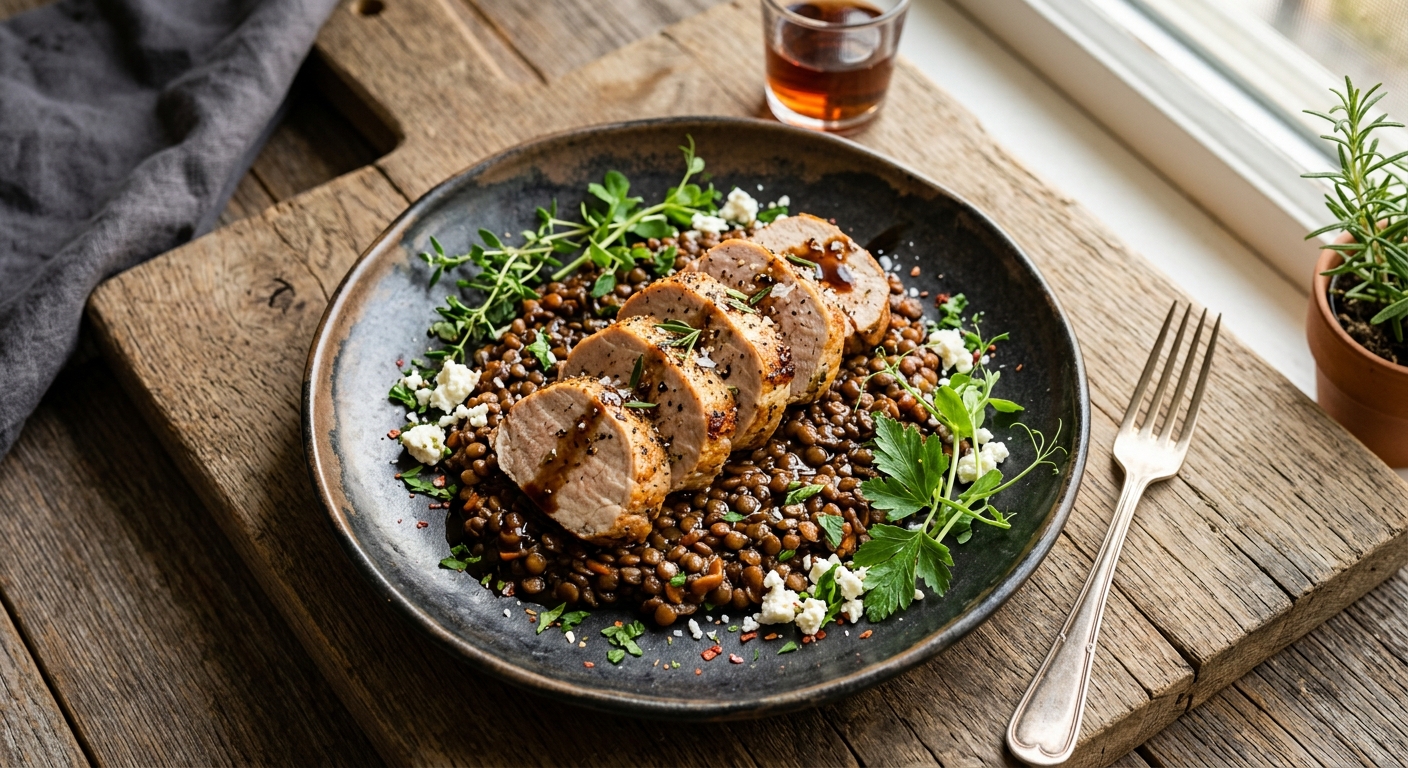 Pork on Balsamic Lentils — AI-generated headline for JC 