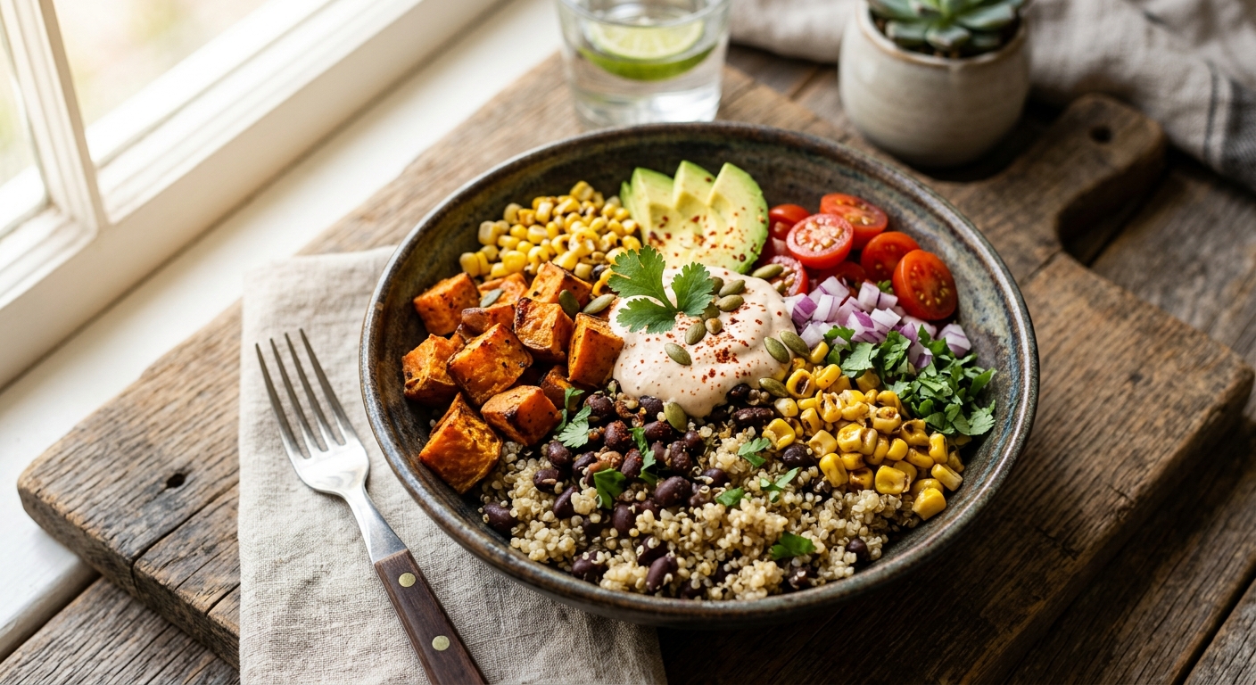 American Sweet Potato and Black Bean Quinoa Bowl — AI-generated headline for RecipeFiler