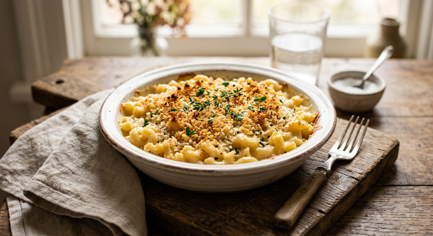 Creamy Macaroni Cheese with Crispy Breadcrumb Topping — AI-generated headline for RecipeFiler