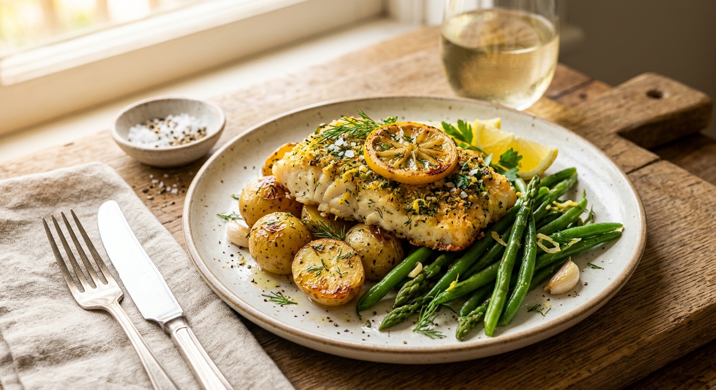 Baked Lemon Herb Cod with New Potatoes and Green Beans — recipe by RecipeFiler