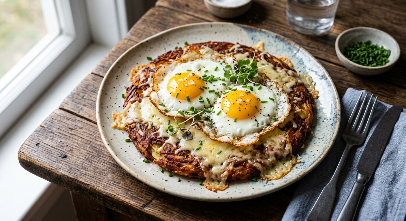 Rösti with Gruyère and Fried Eggs — AI-generated headline for RecipeFiler