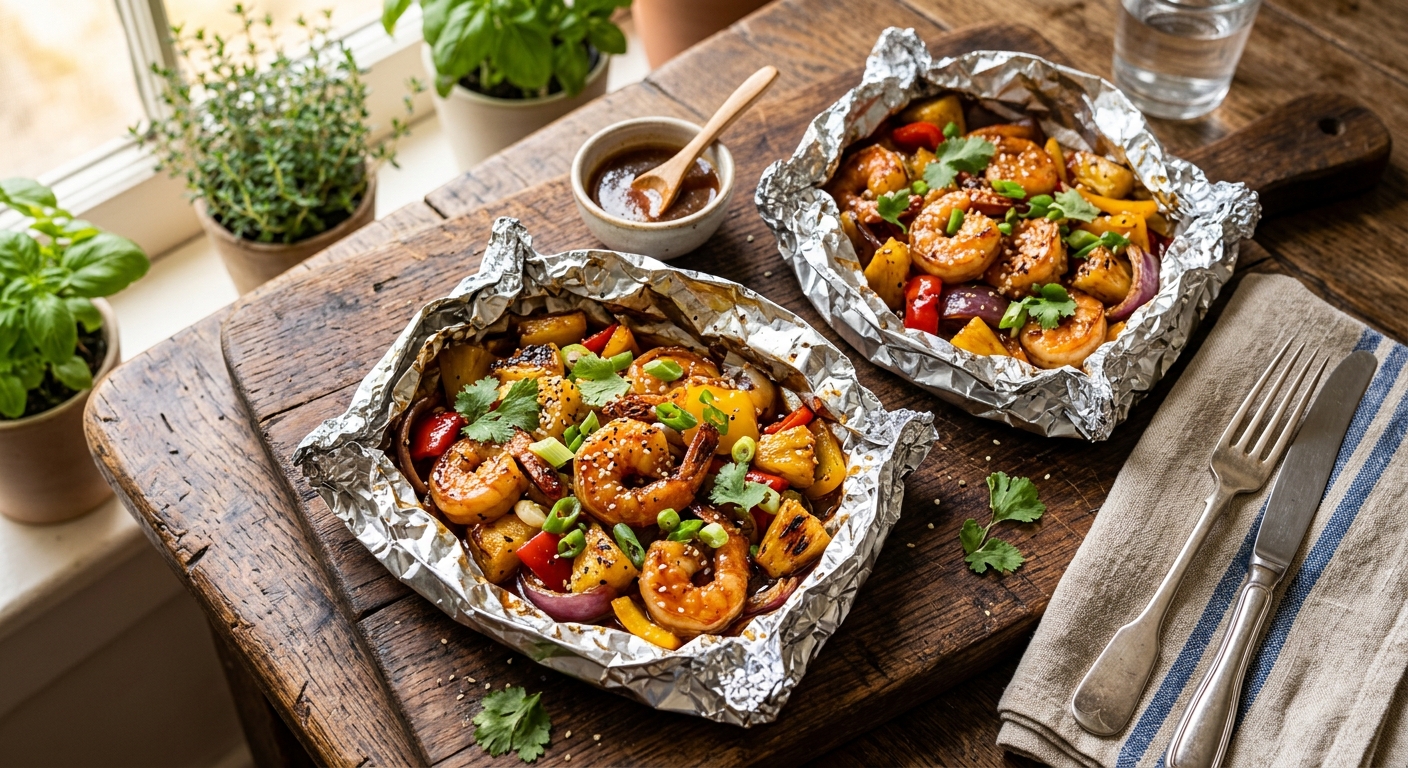 Honey Garlic Shrimp & Pineapple Foil Packets — AI-generated headline for Instagram
