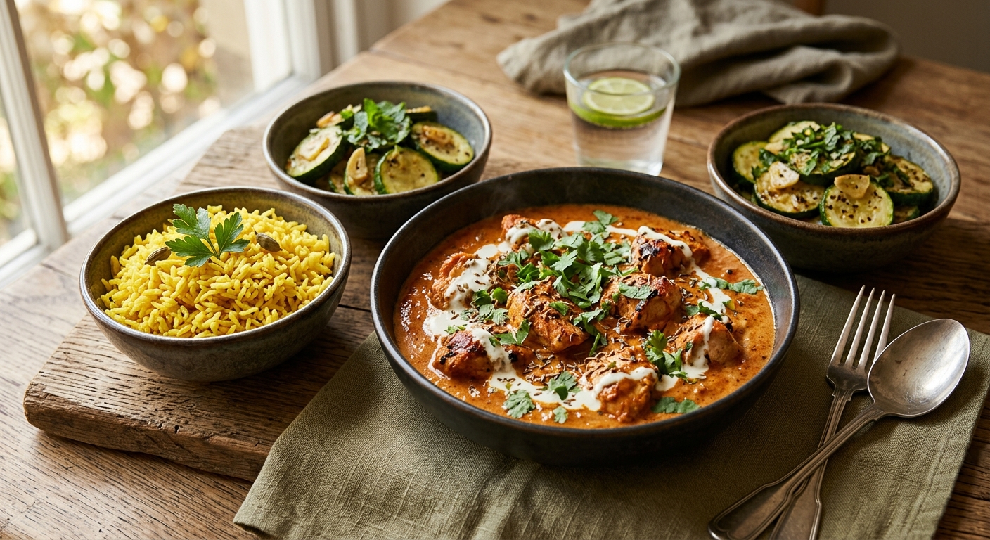 Chicken tikka masala with courgette and turmeric rice — AI-generated headline for TikTok