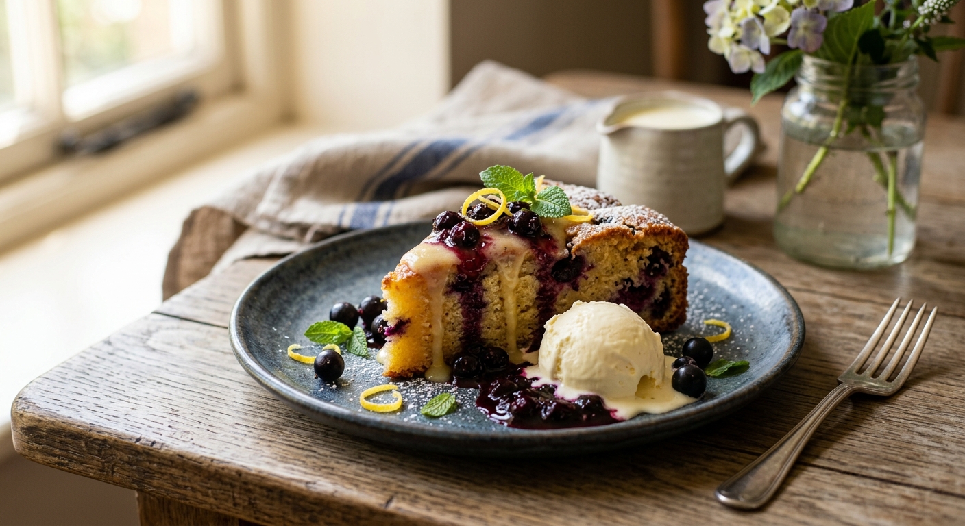 British Lemon and Blackcurrant Pudding Cake — recipe by RecipeFiler