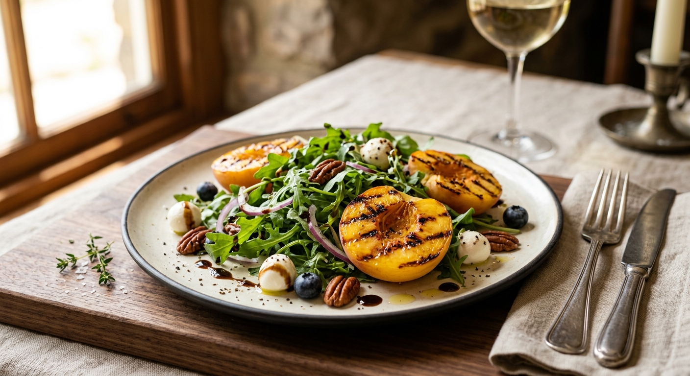 United States Grilled Peach and Arugula Salad with Balsamic Glaze — recipe by RecipeFiler