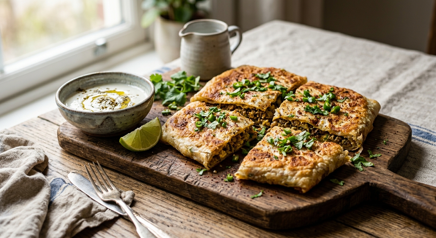 Mutabbaq — Stuffed Savoury Pancake — recipe by RecipeFiler