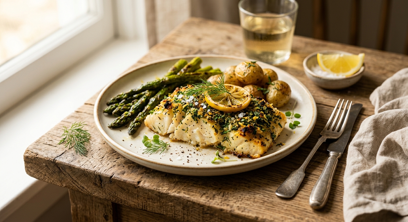 Baked Cod with Lemon and Herb Crust — AI-generated headline for RecipeFiler