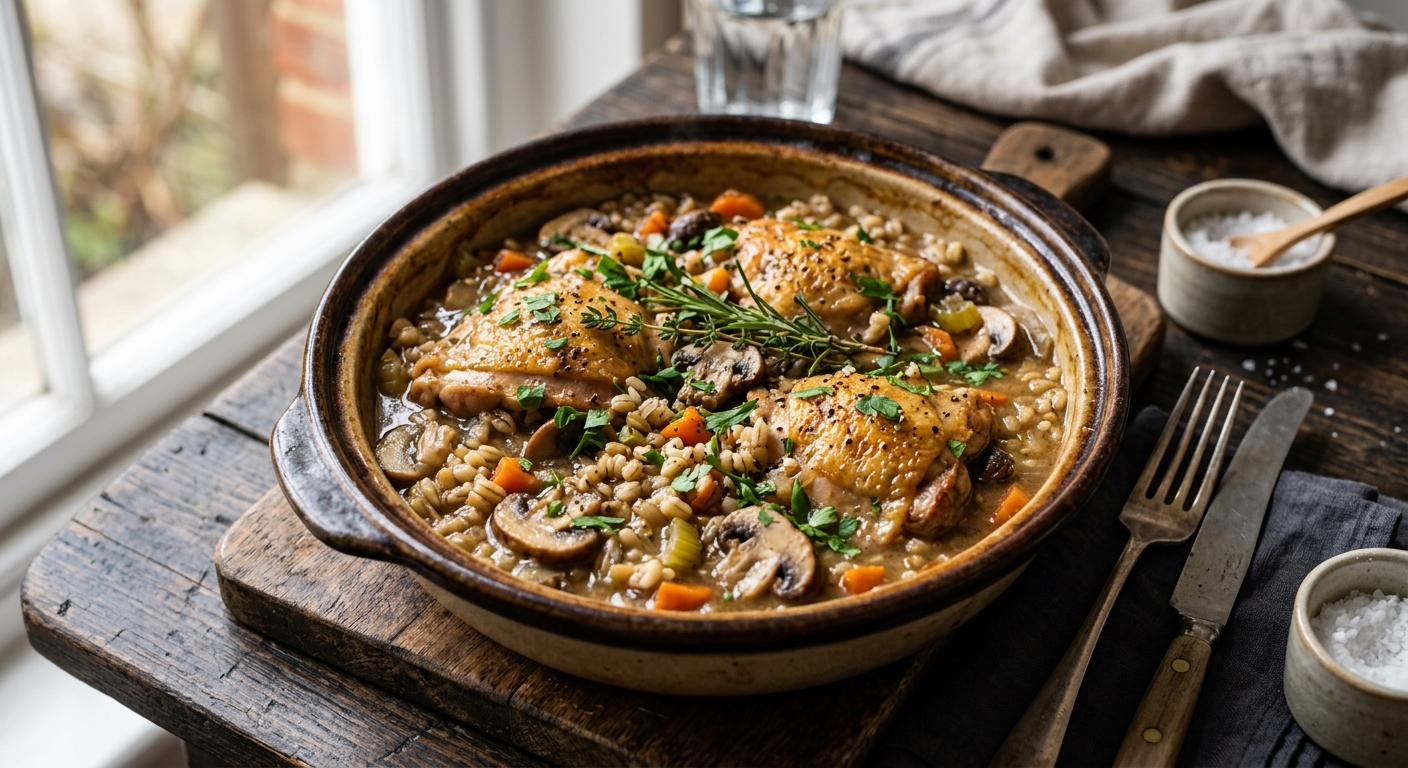 British Baked Chicken and Barley Casserole with Mushrooms — recipe by RecipeFiler