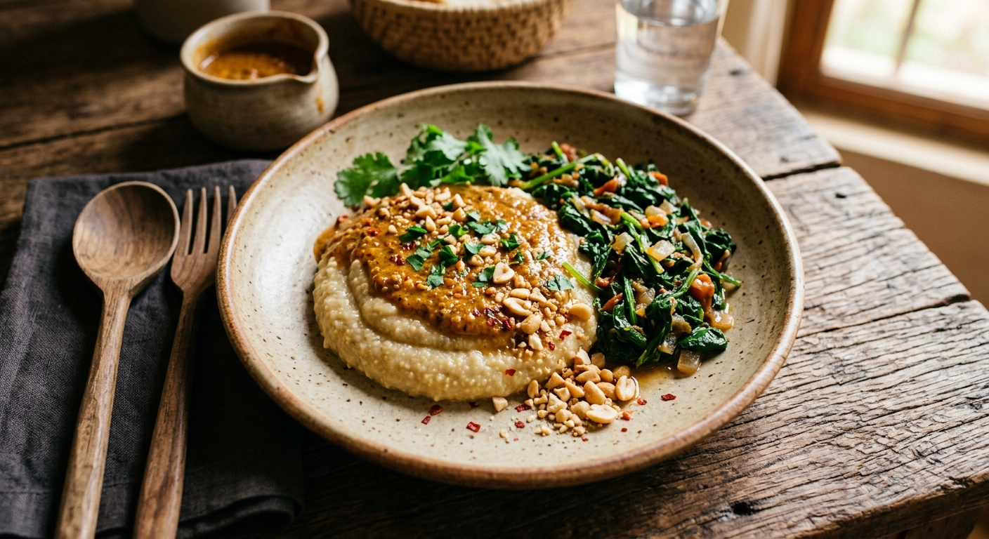 Tô with Peanut Sauce and Greens — Burkinabé Millet Porridge — AI-generated headline for RecipeFiler