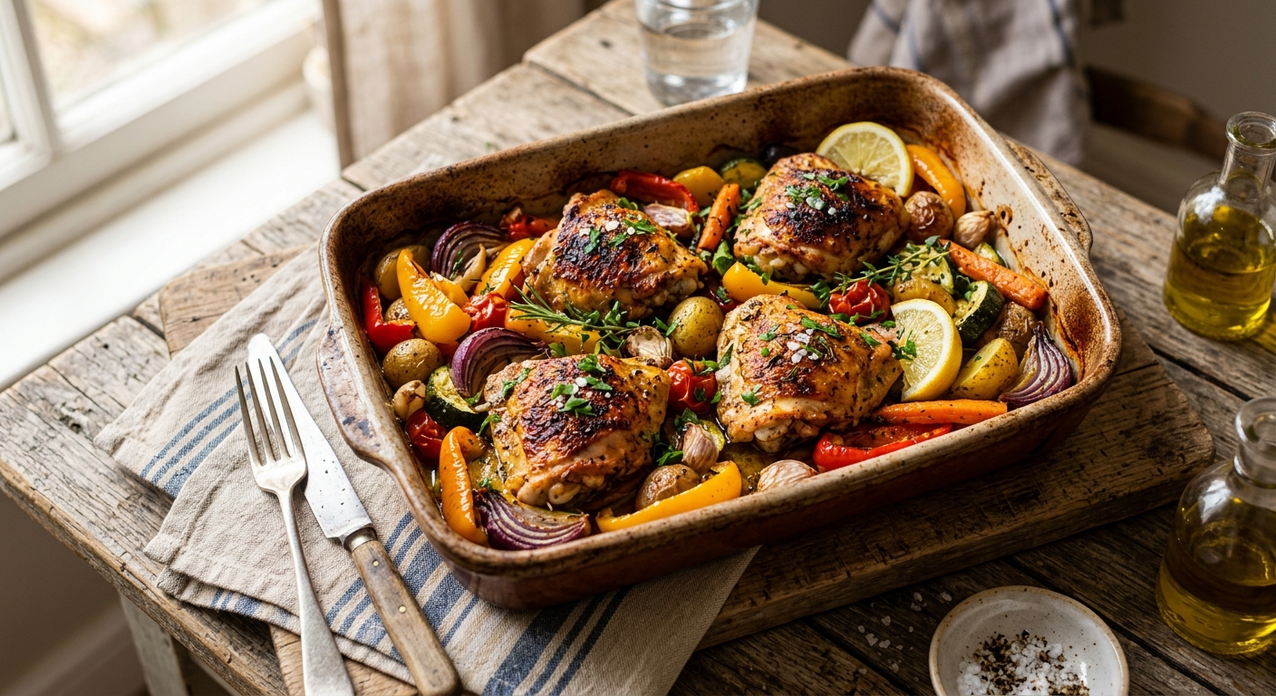Crispy Chicken and Roasted Vegetable Traybake — recipe by RecipeFiler