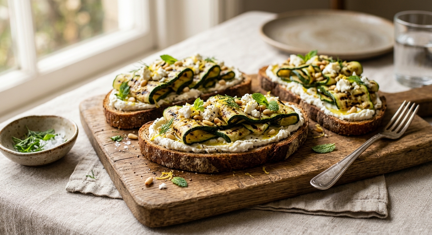 Griddled Courgette and Goat's Cheese Open Sandwiches on Rye — recipe by RecipeFiler