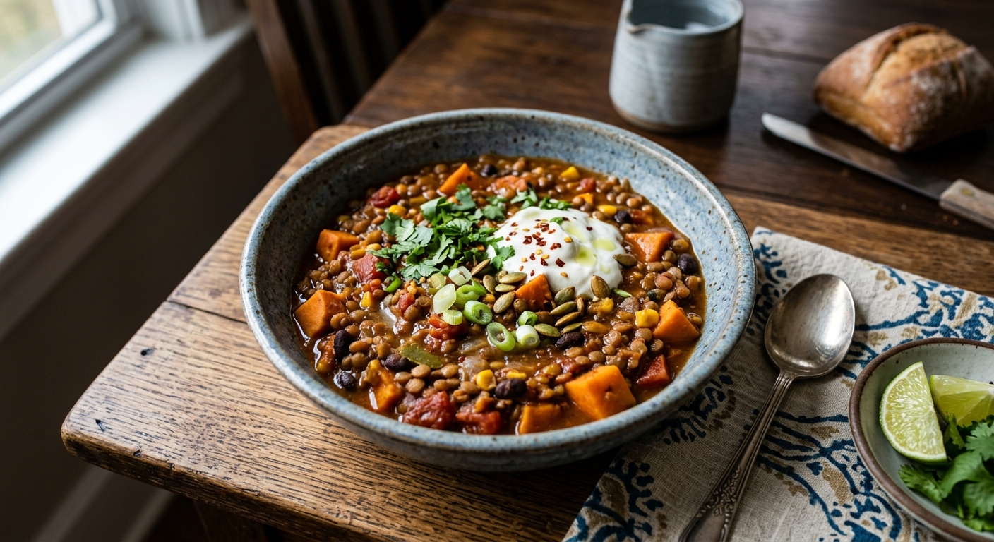 American Smoky Lentil and Sweet Potato Chilli — AI-generated headline for RecipeFiler