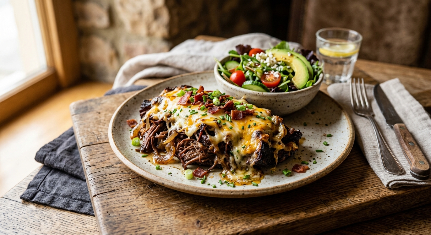 Keto Cheesy Mozzarella Beef Brisket Melt — AI-generated headline for Instagram