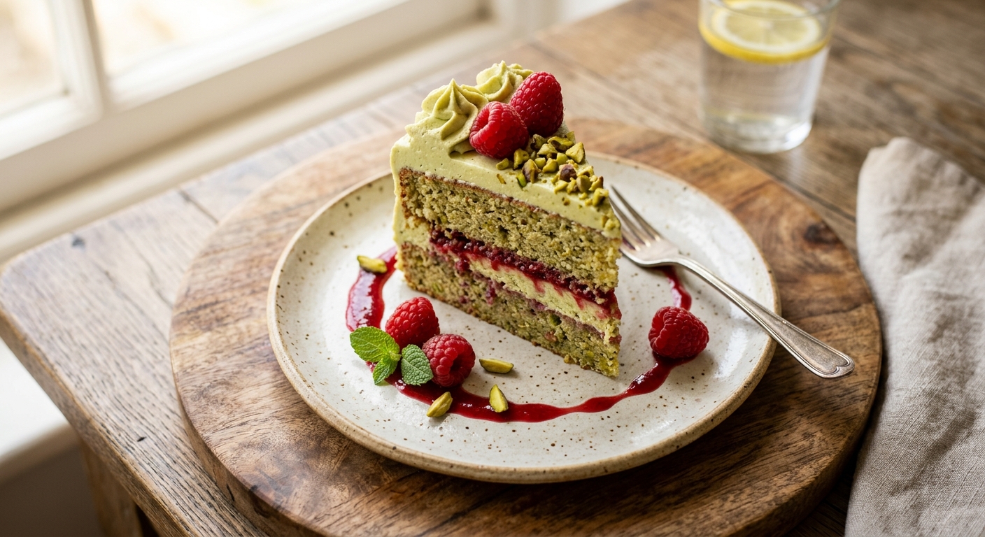 Pistachio Cream And Raspberry Sponge Layer Cake — AI-generated headline for Instagram
