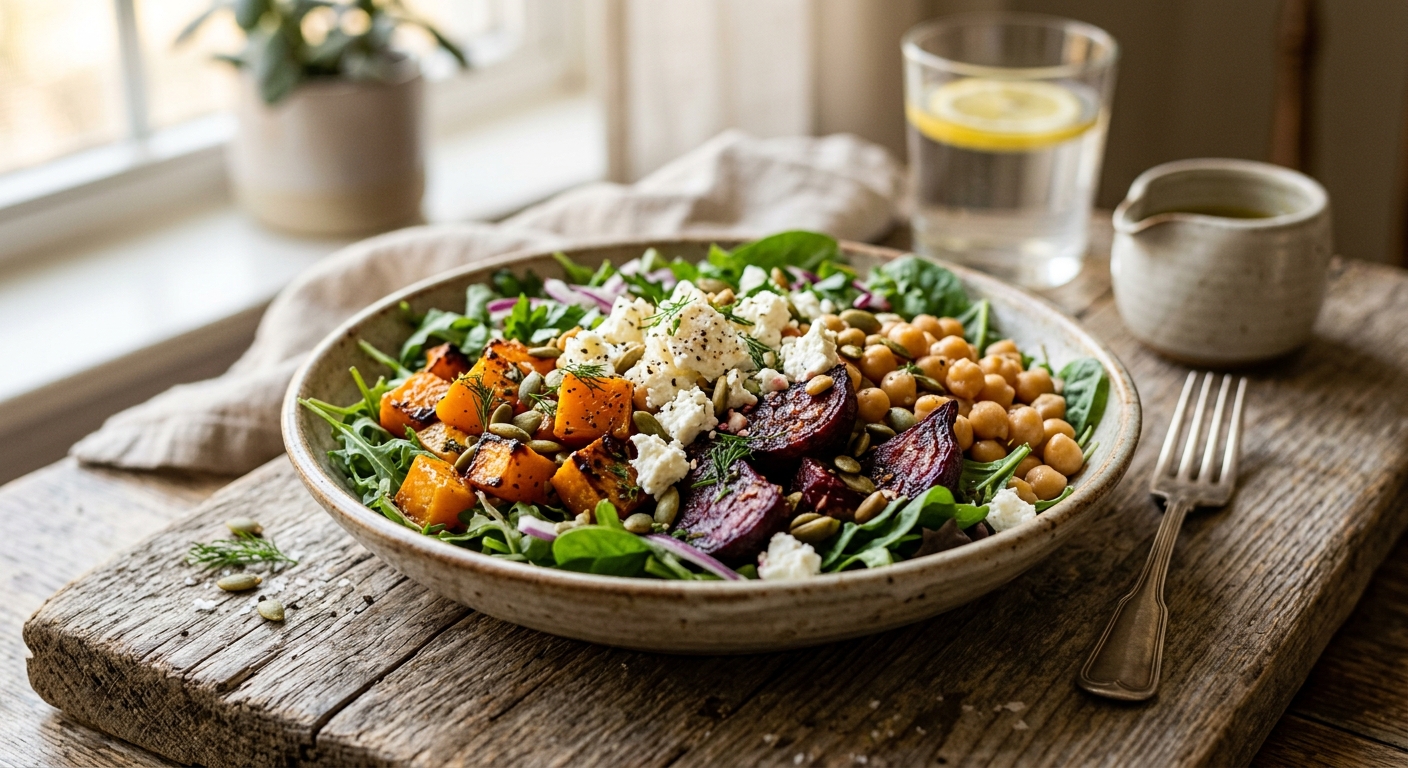 Chickpea, Beet, Feta & Roasted Squash Salad — AI-generated headline for Instagram