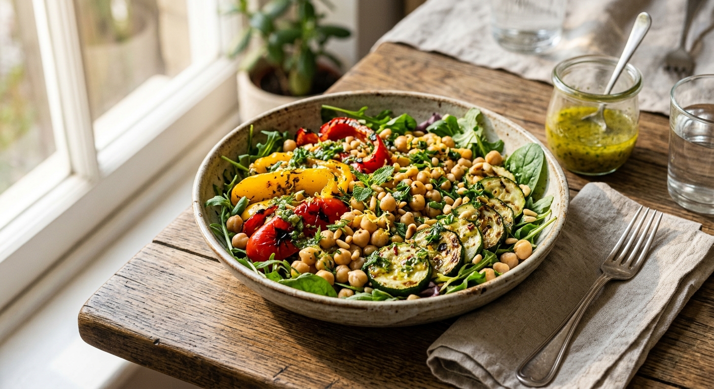 American Grilled Vegetables and Chickpea Salad with Lemon Herb Dressing — recipe by RecipeFiler