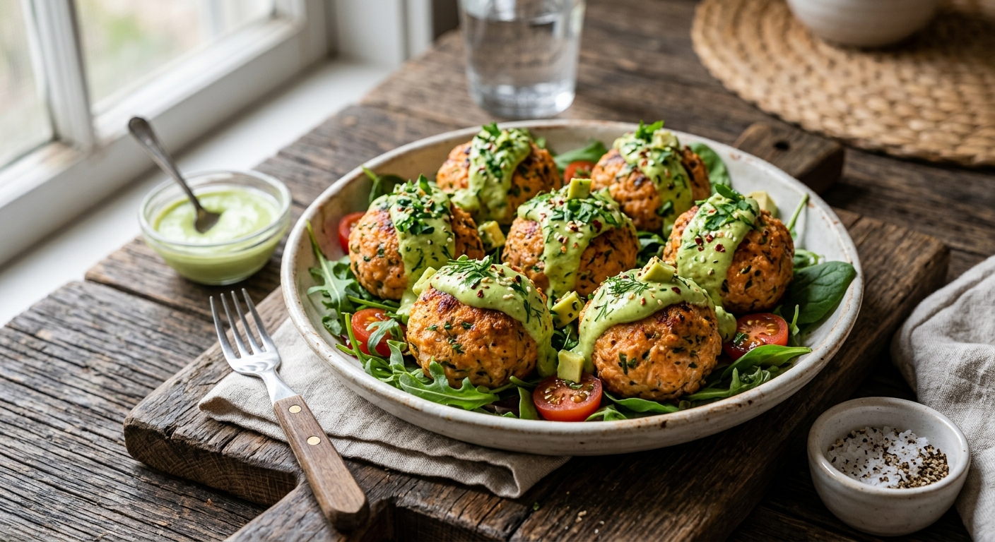 Baked Salmon Meatballs with Avocado Cream Sauce — AI-generated headline for Instagram