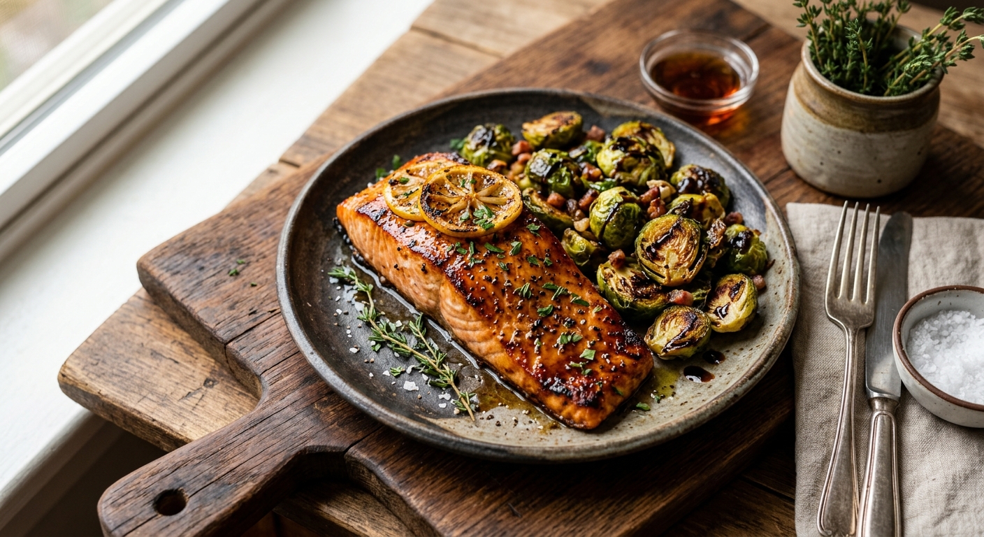 Canadian Maple-Glazed Salmon with Roasted Brussels Sprouts — recipe by RecipeFiler