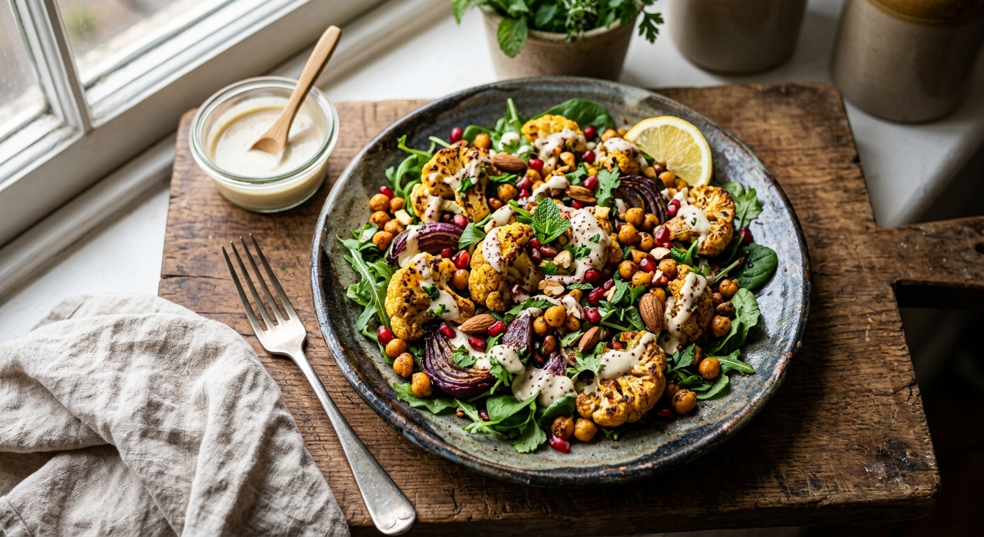 British Roasted Cauliflower and Chickpea Salad with Tahini Dressing — recipe by RecipeFiler