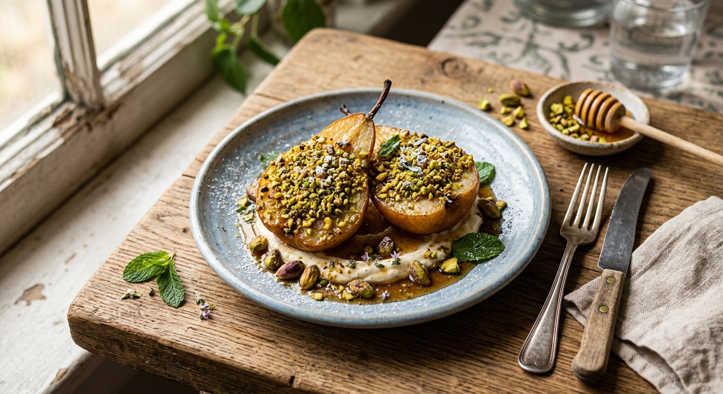Pistachio-Crusted Pears — AI-generated headline for Instagram