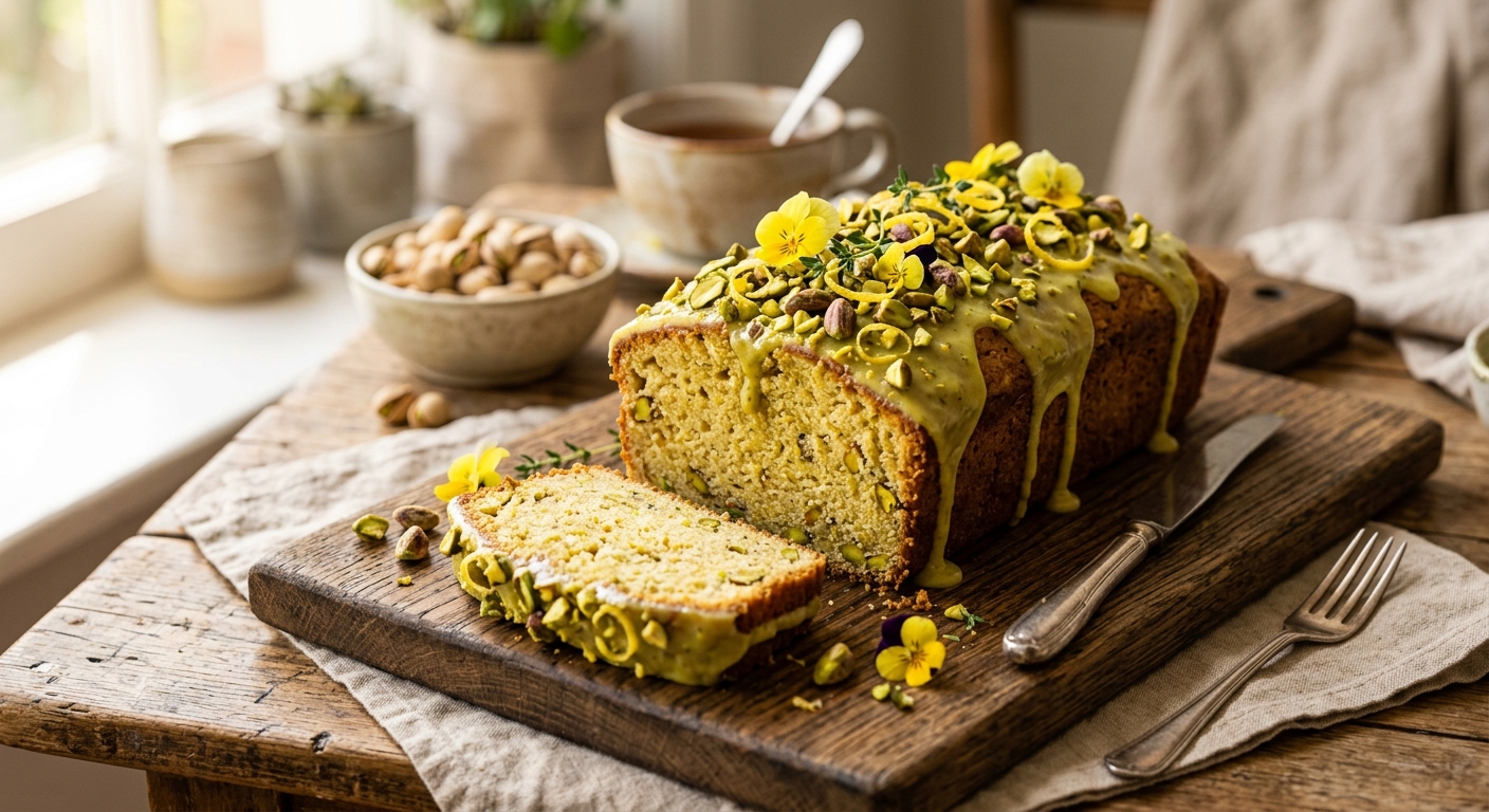Pistachio Lemon Glazed Cake Loaf — AI-generated headline for Instagram