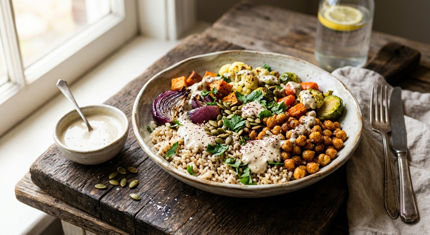 United States Roasted Vegetable and Chickpea Grain Bowl with Tahini Drizzle — recipe by RecipeFiler