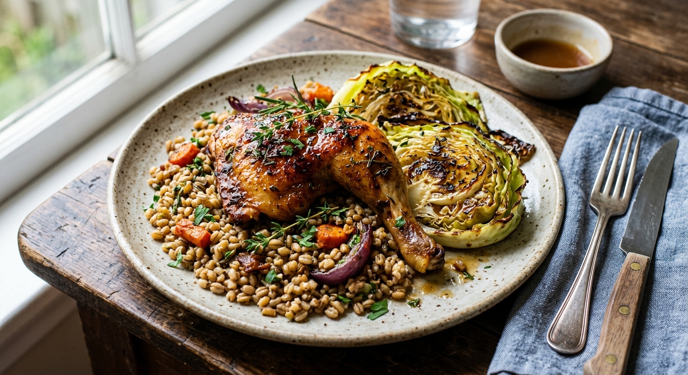 Canadian Maple-Roasted Chicken with Barley and Roasted Cabbage — recipe by RecipeFiler