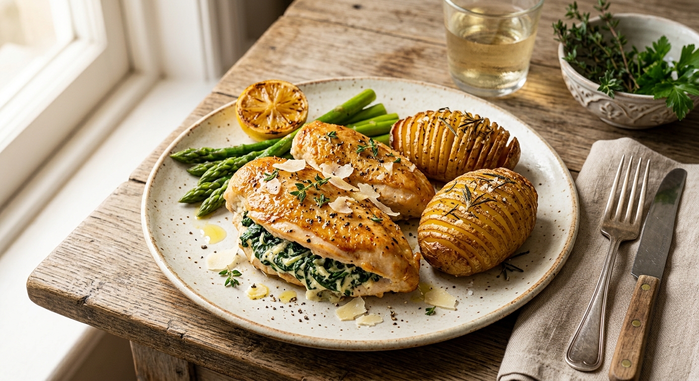 Creamy Spinach & Parmesan Stuffed Chicken with Hasselback Potatoes — recipe by Instagram