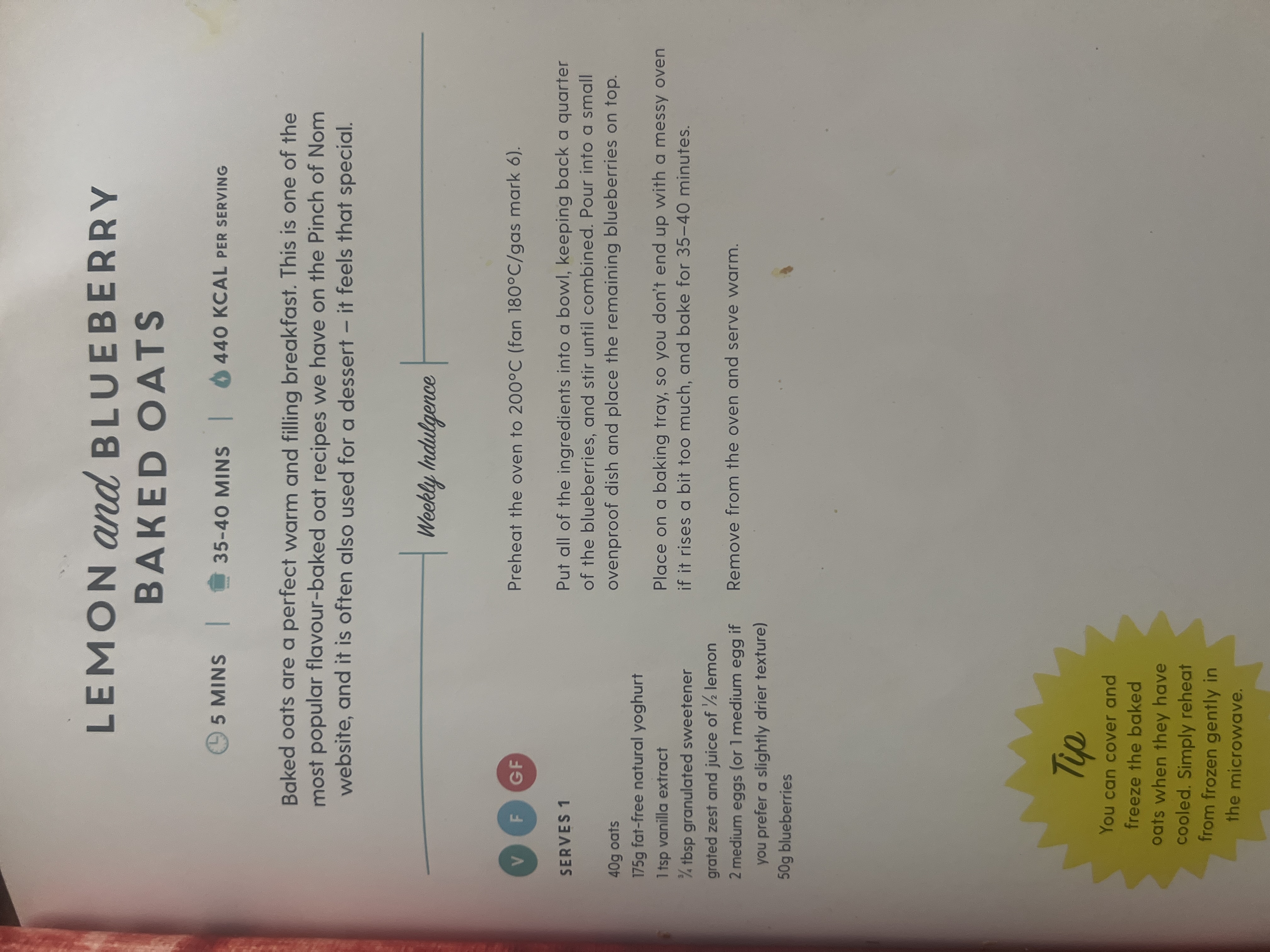 Original handwritten Lemon and Blueberry Baked Oats recipe — page 1