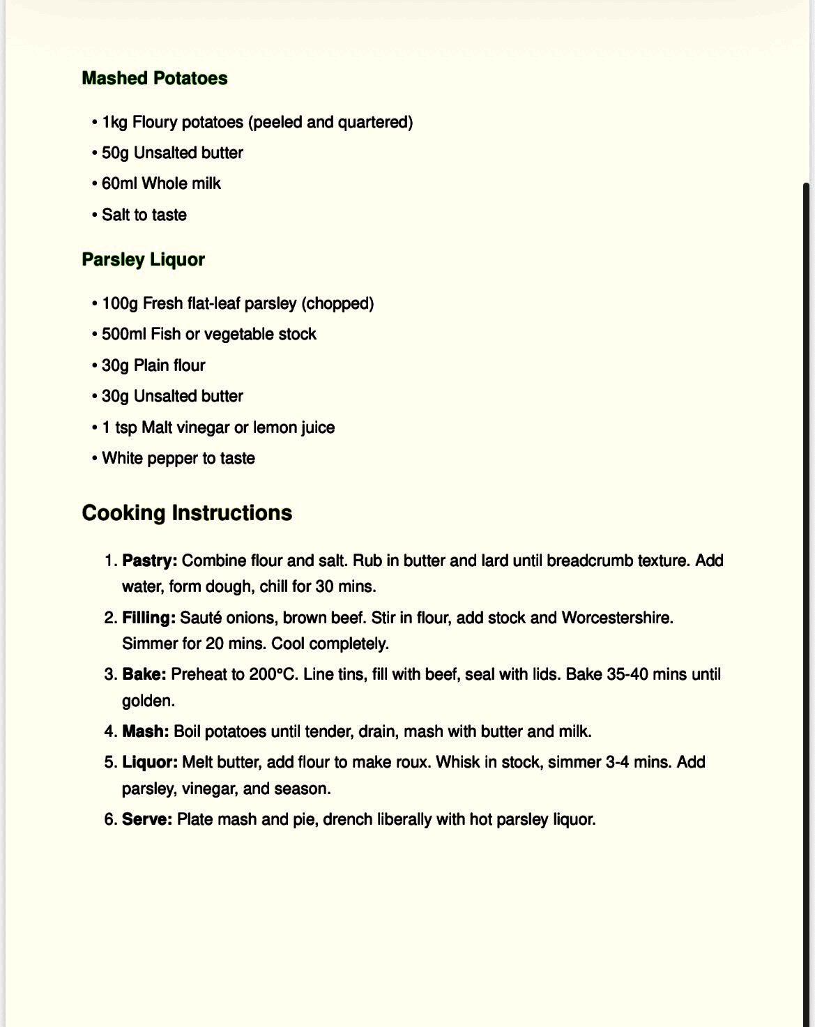 Original handwritten Traditional London Pie and Mash with Parsley Liquor recipe — page 2