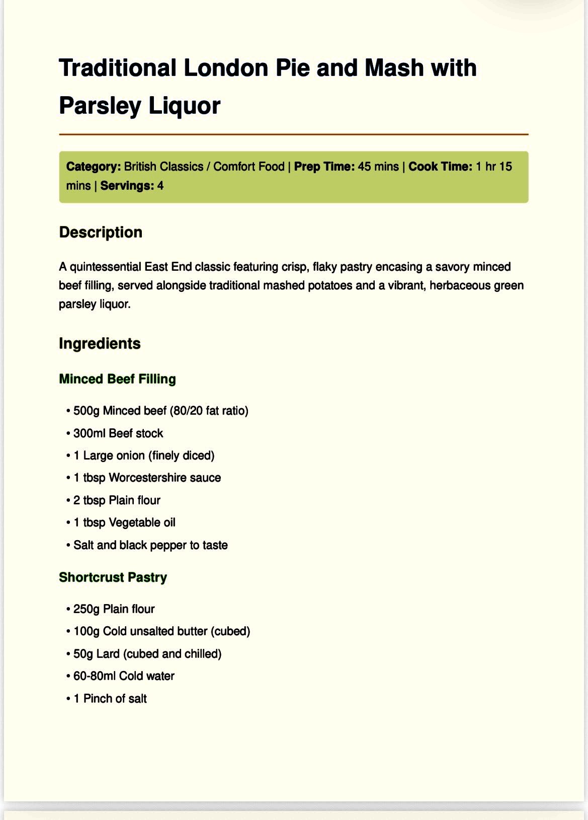 Original handwritten Traditional London Pie and Mash with Parsley Liquor recipe — page 1