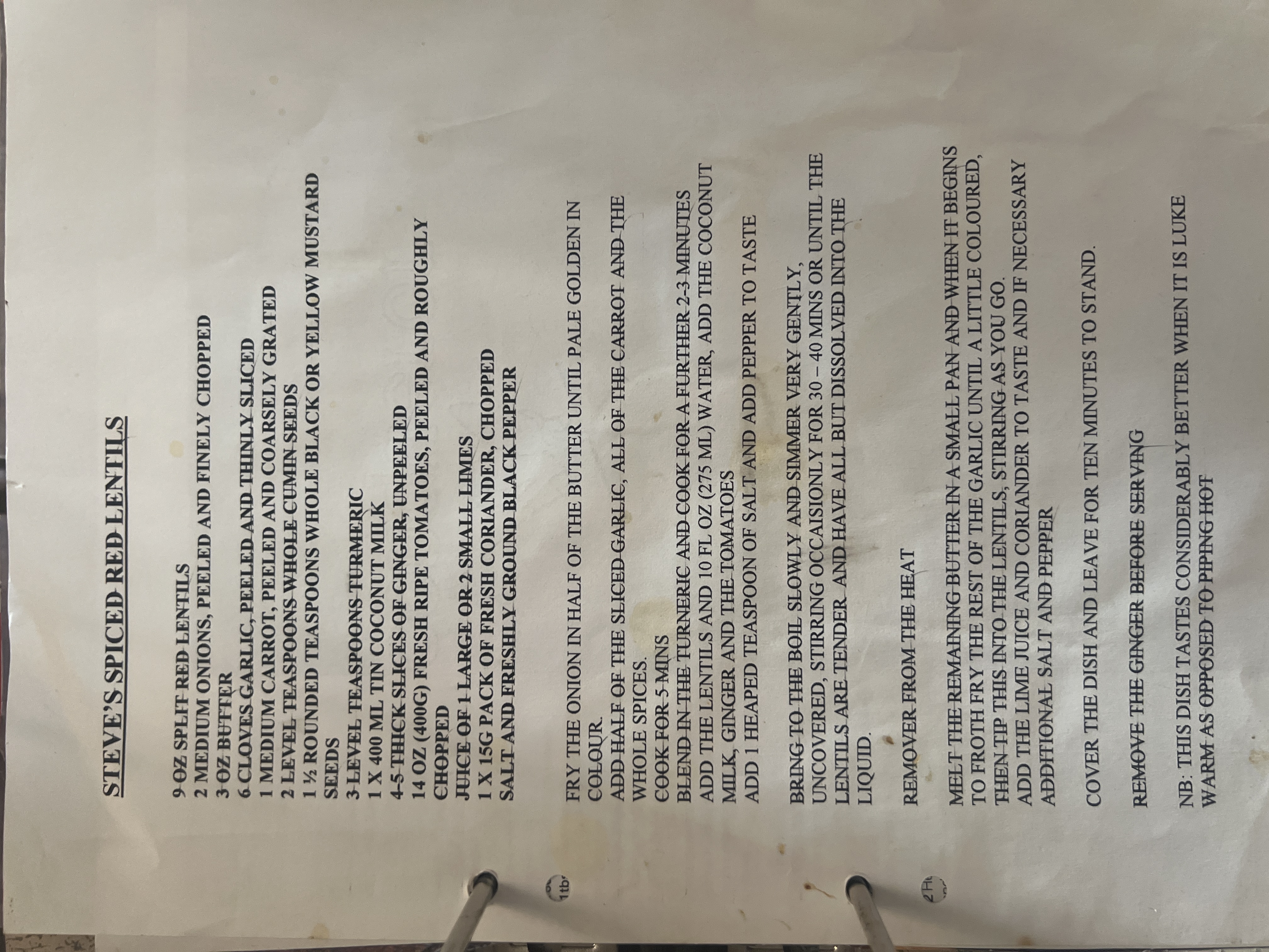 Original handwritten SPICED RED LENTILS recipe — page 1