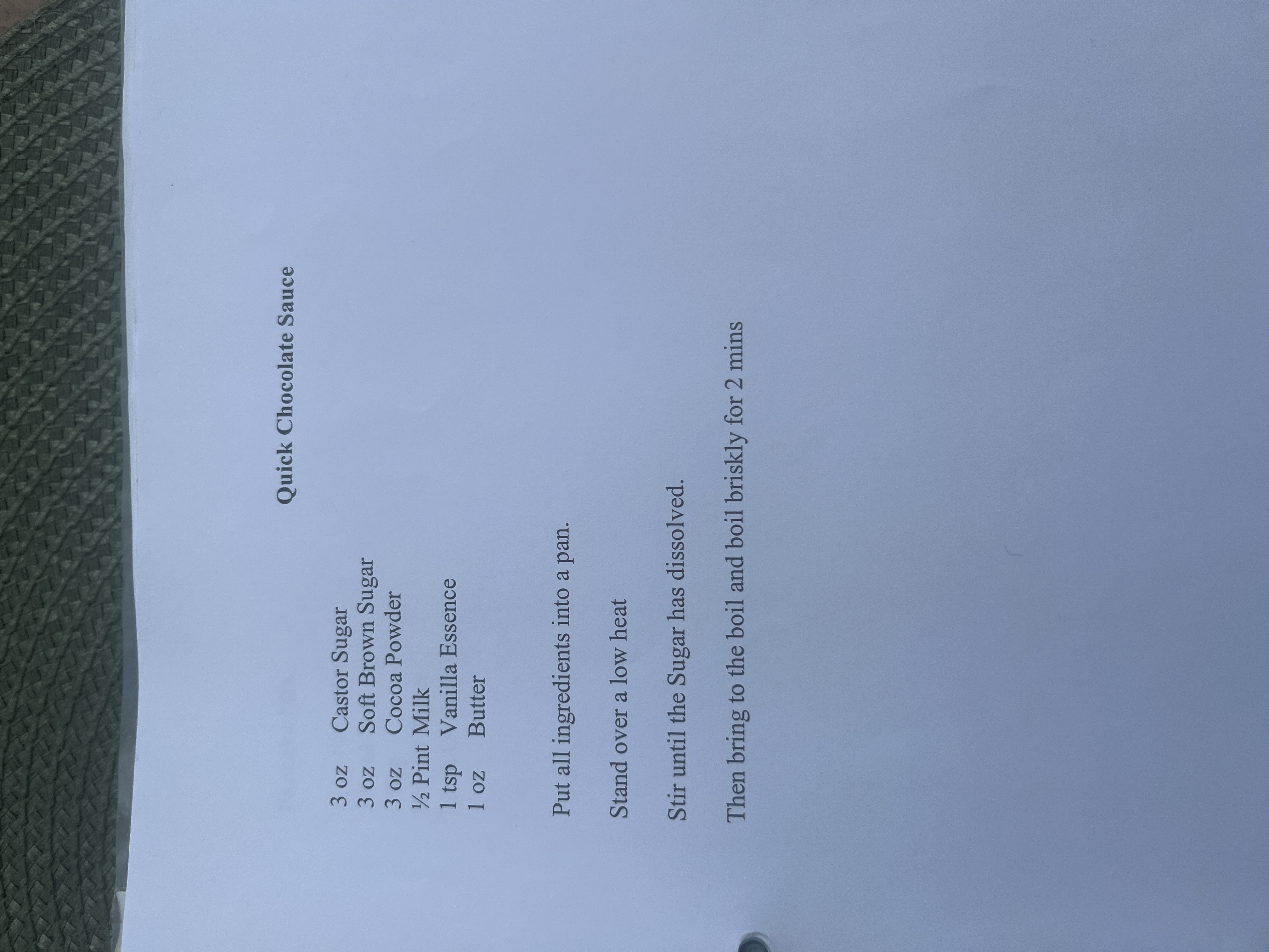 Original handwritten Quick Chocolate Sauce recipe — page 1