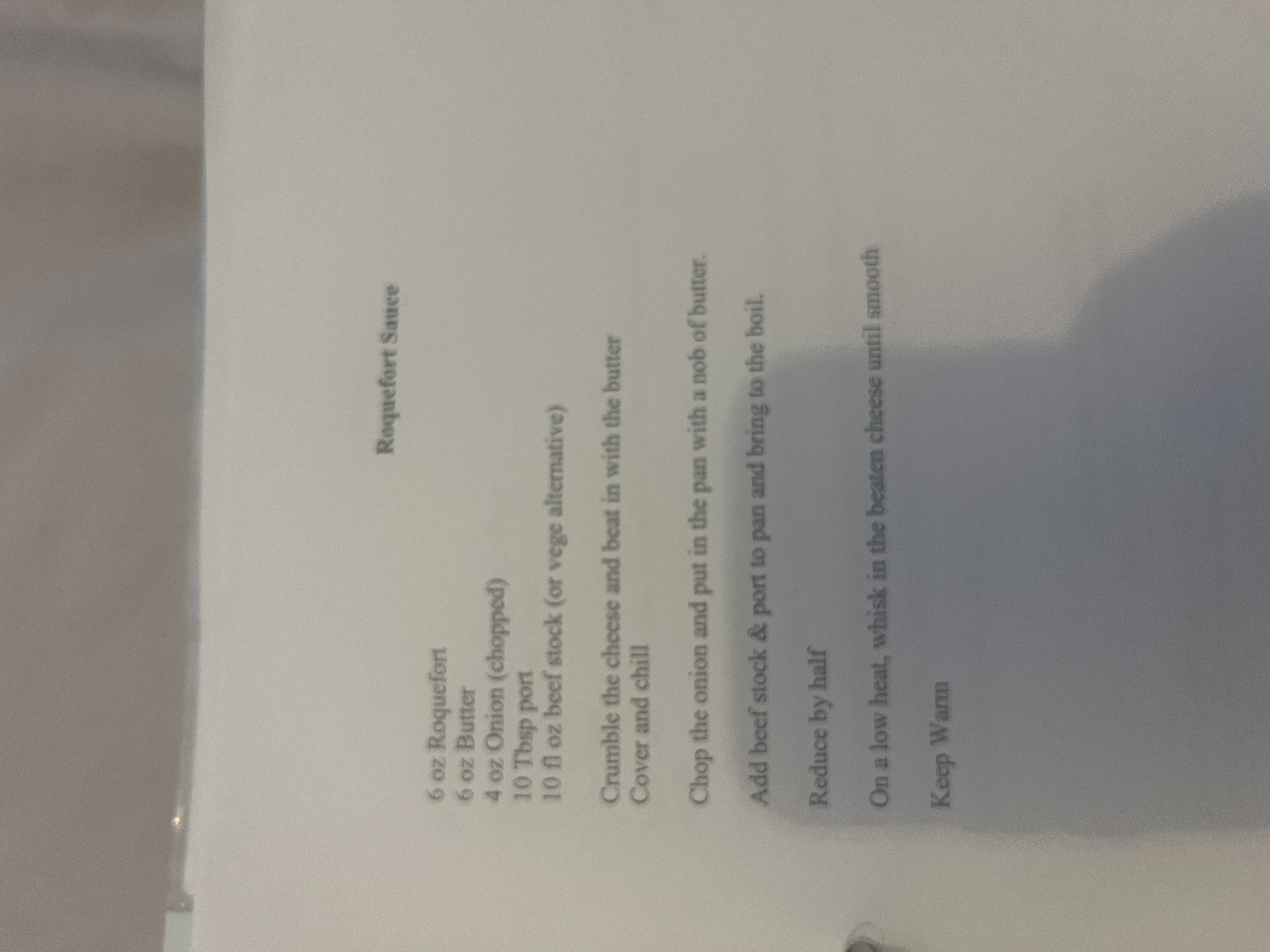 Original handwritten Roquefort Sauce recipe — page 1