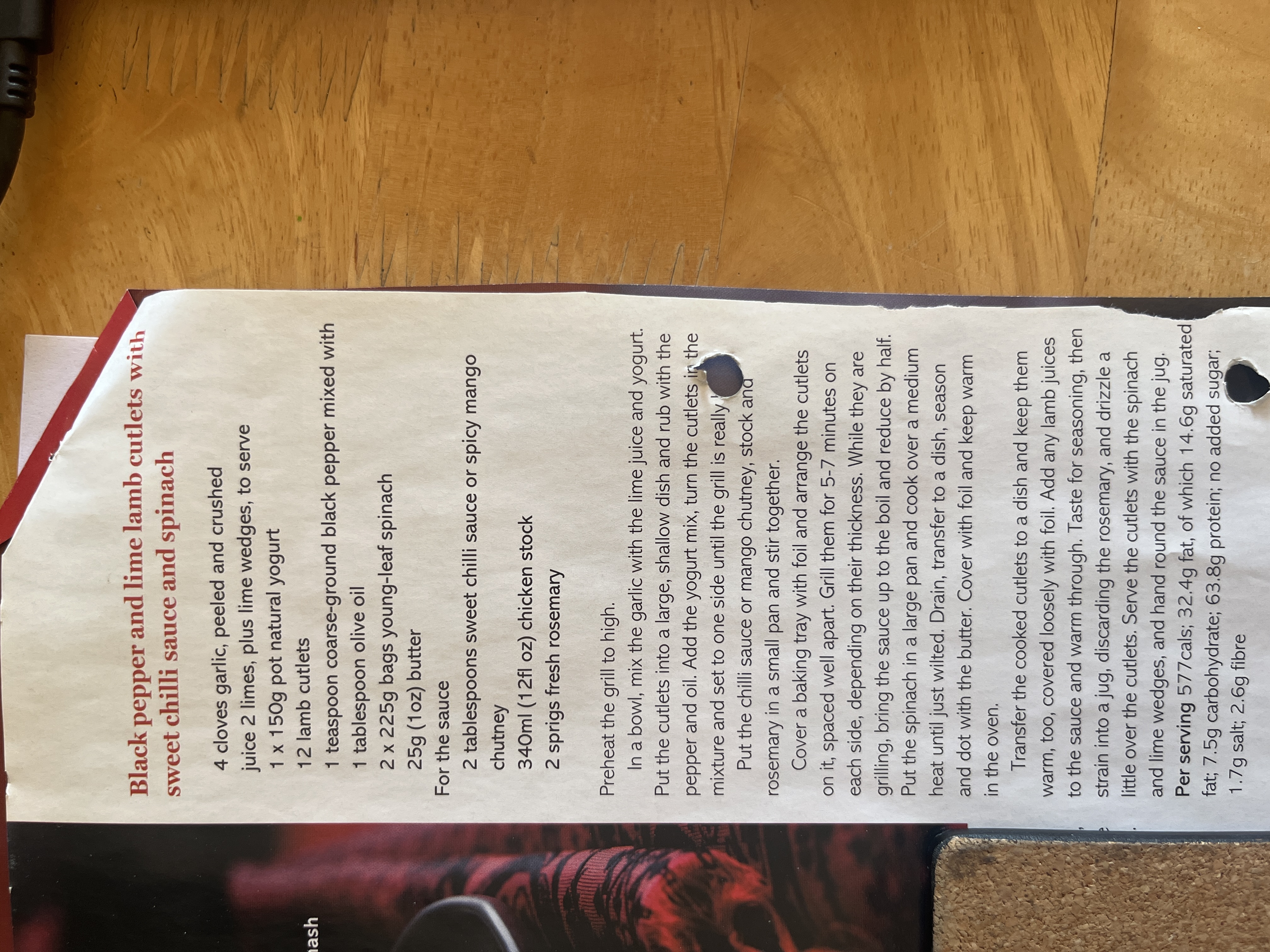 Original handwritten Black Pepper and Lime Lamb Cutlets with Sweet Chilli Sauce and Spinach recipe — page 1