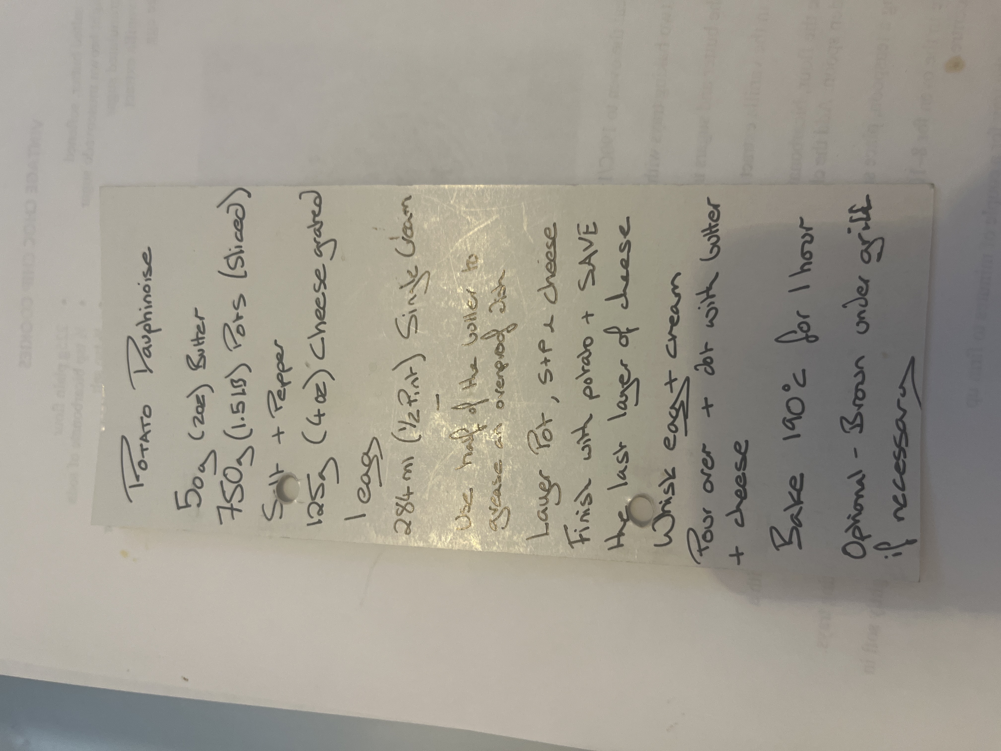 Original handwritten Potato Dauphinoise recipe — page 1