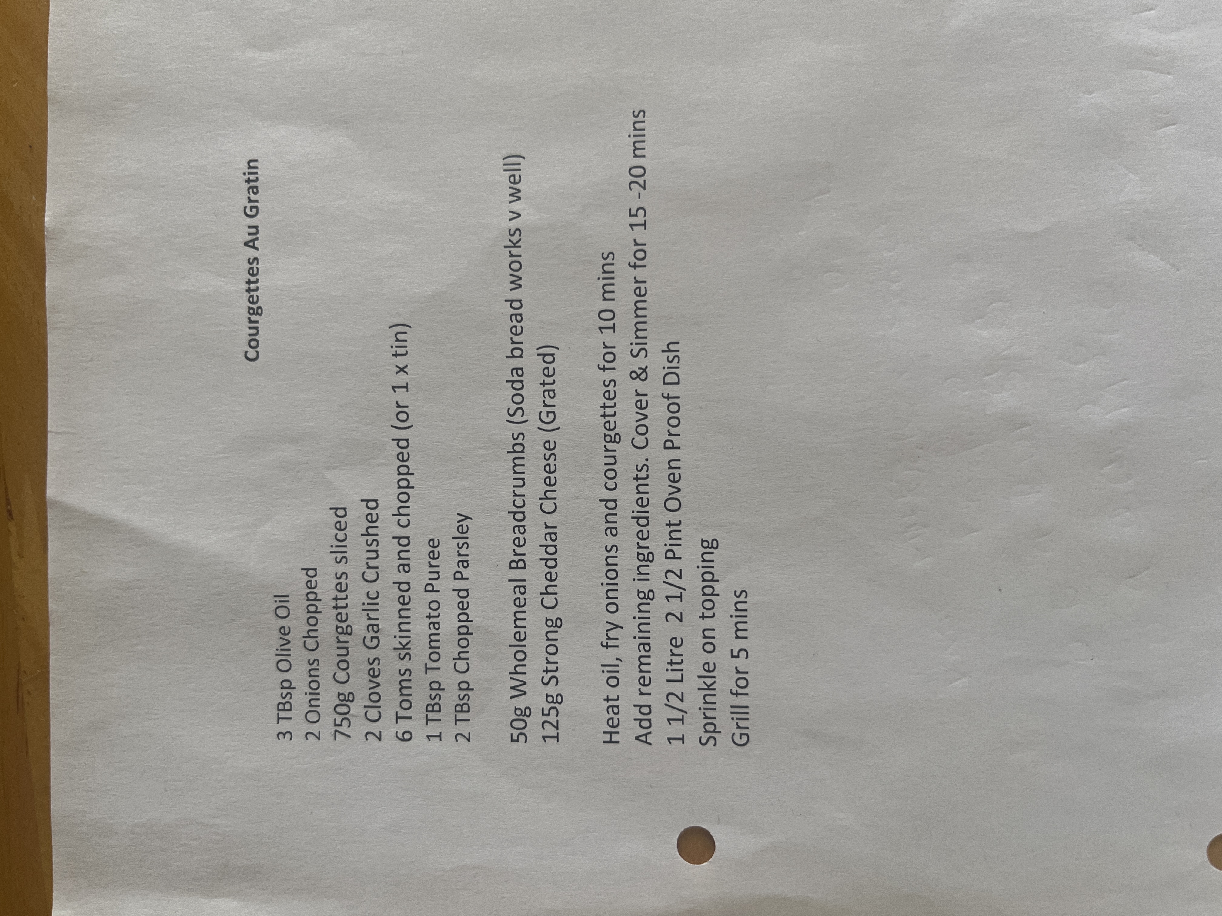 Original handwritten Courgette Gratin ( Zucchini Gratin ) recipe — page 1