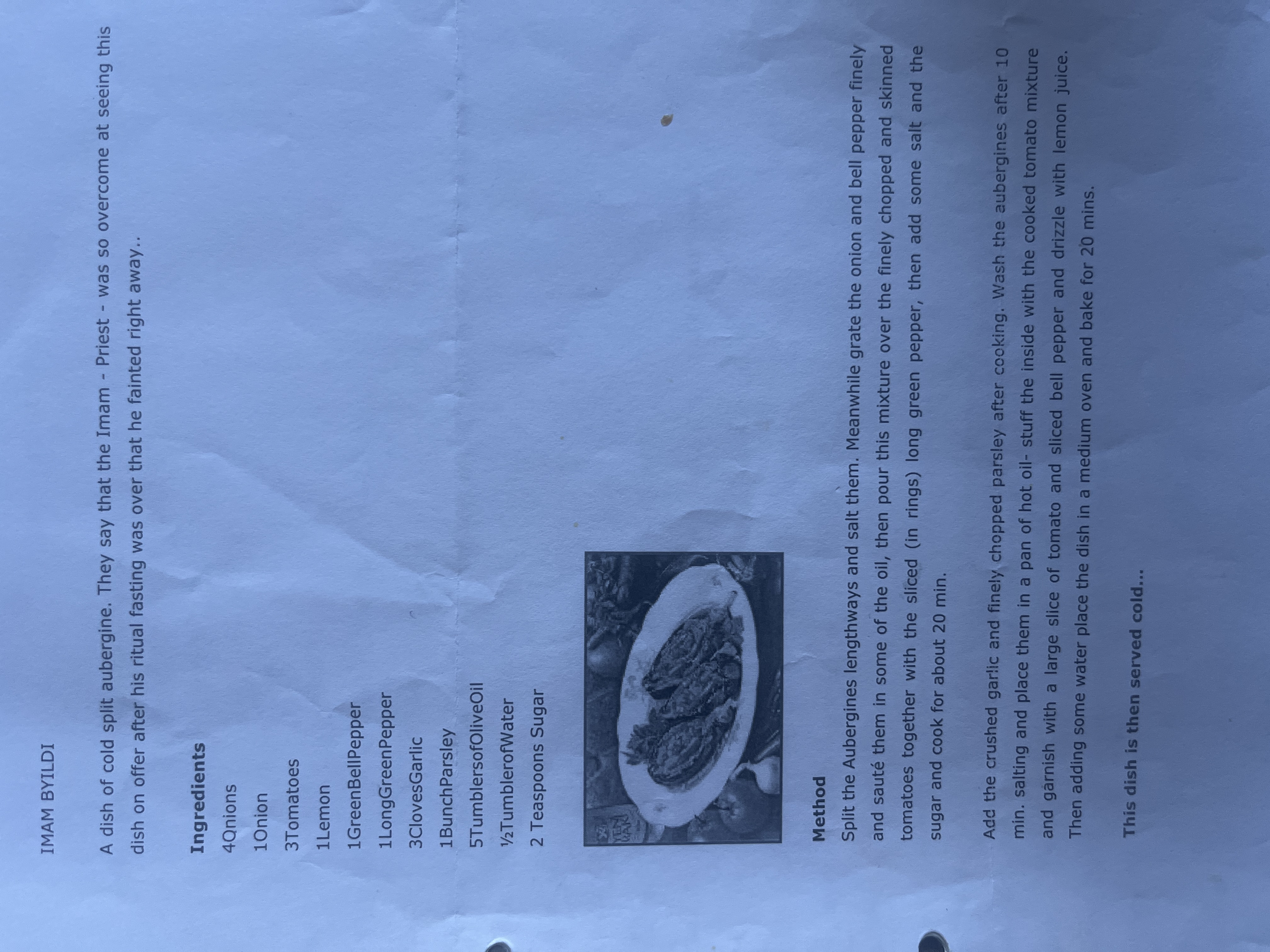 Original handwritten IMAM BYILDI recipe — page 1