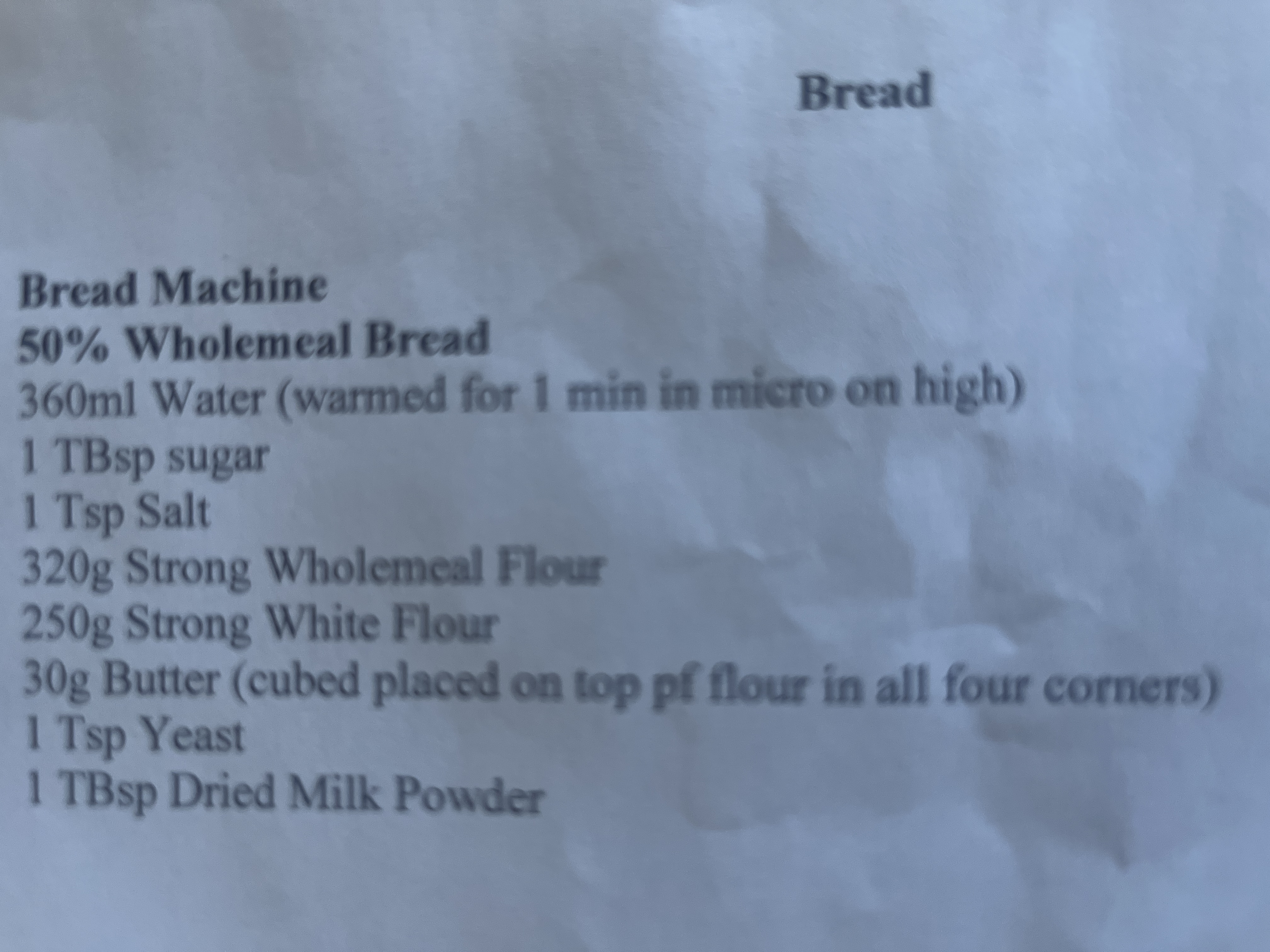 Original handwritten 50% Wholemeal Bread from a Bread Machine recipe — page 1