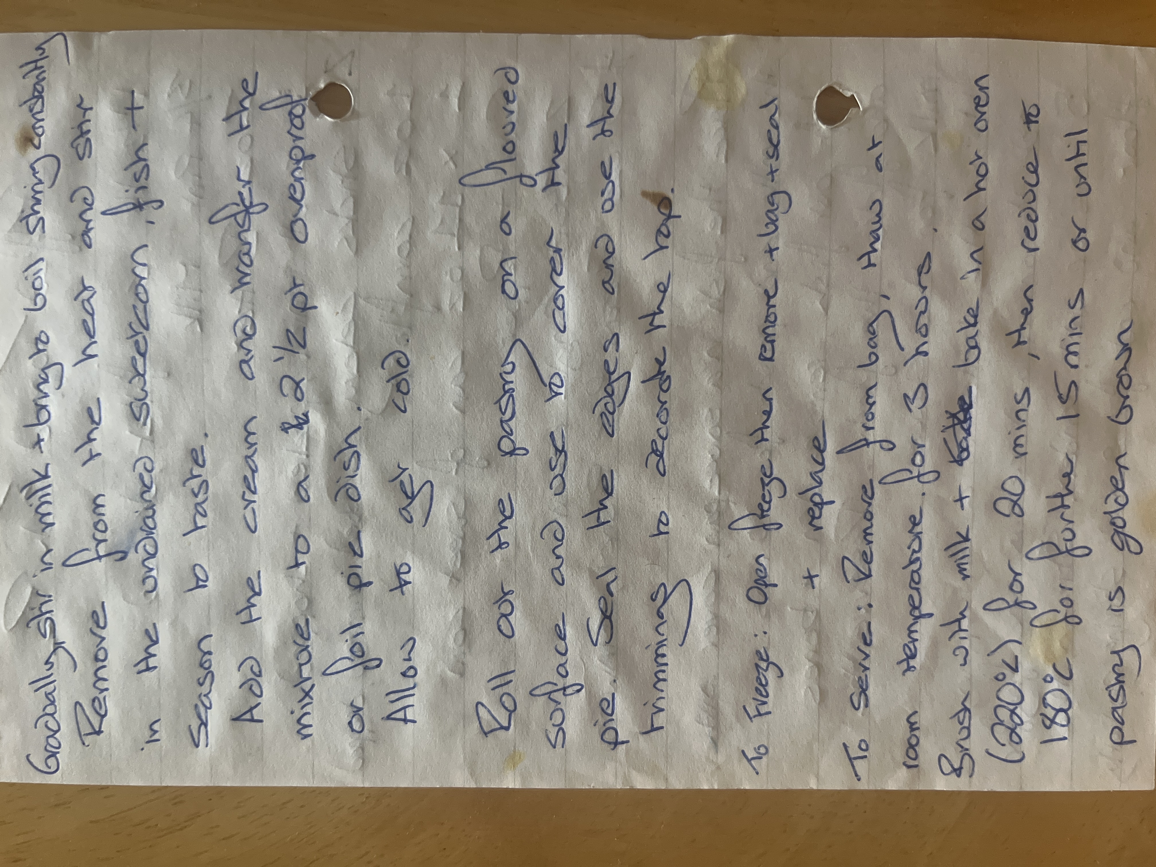 Original handwritten Puffed Topped Fish Pie recipe — page 2