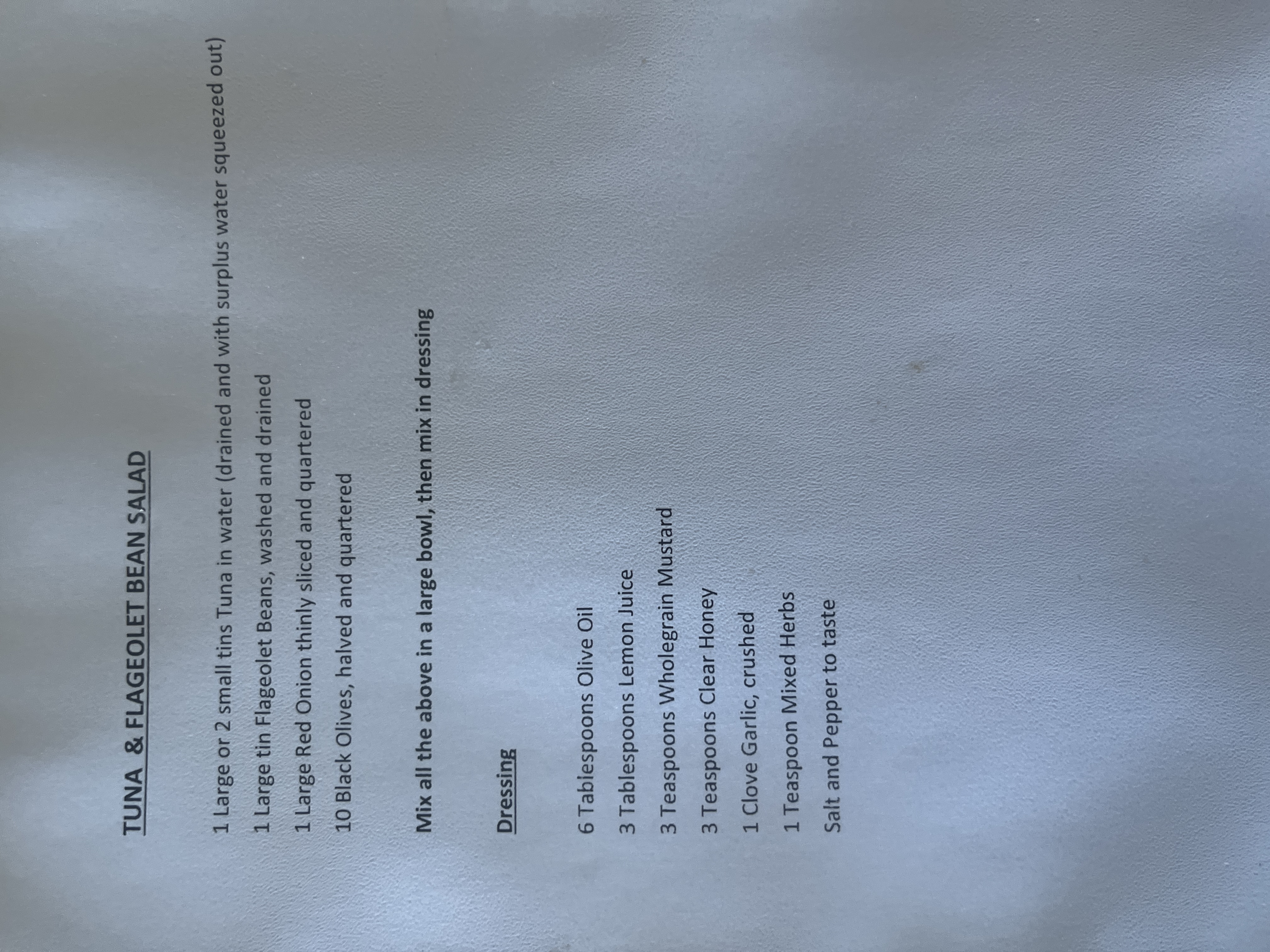 Original handwritten Tuna & Flageolet Bean Salad recipe — page 1