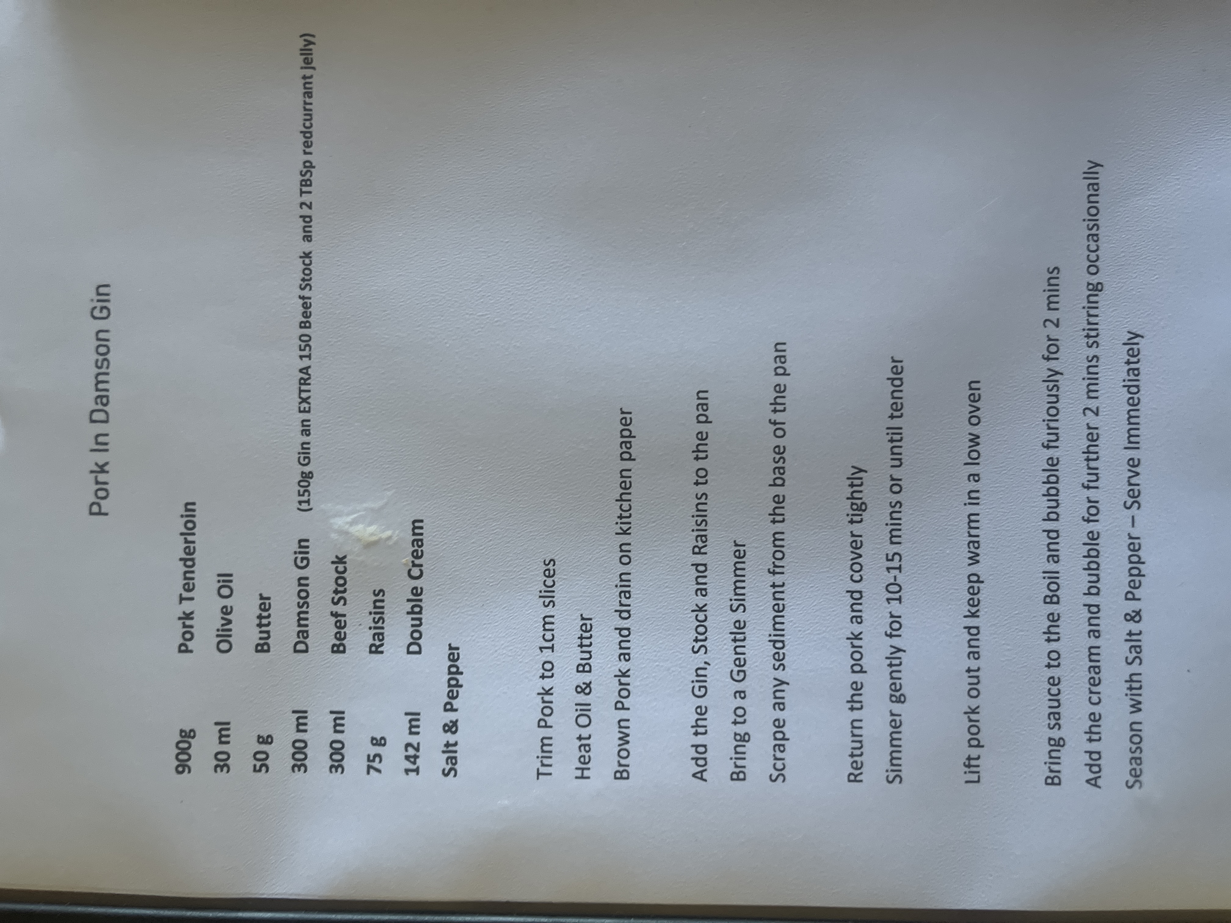 Original handwritten Pork in Damson Gin recipe — page 1