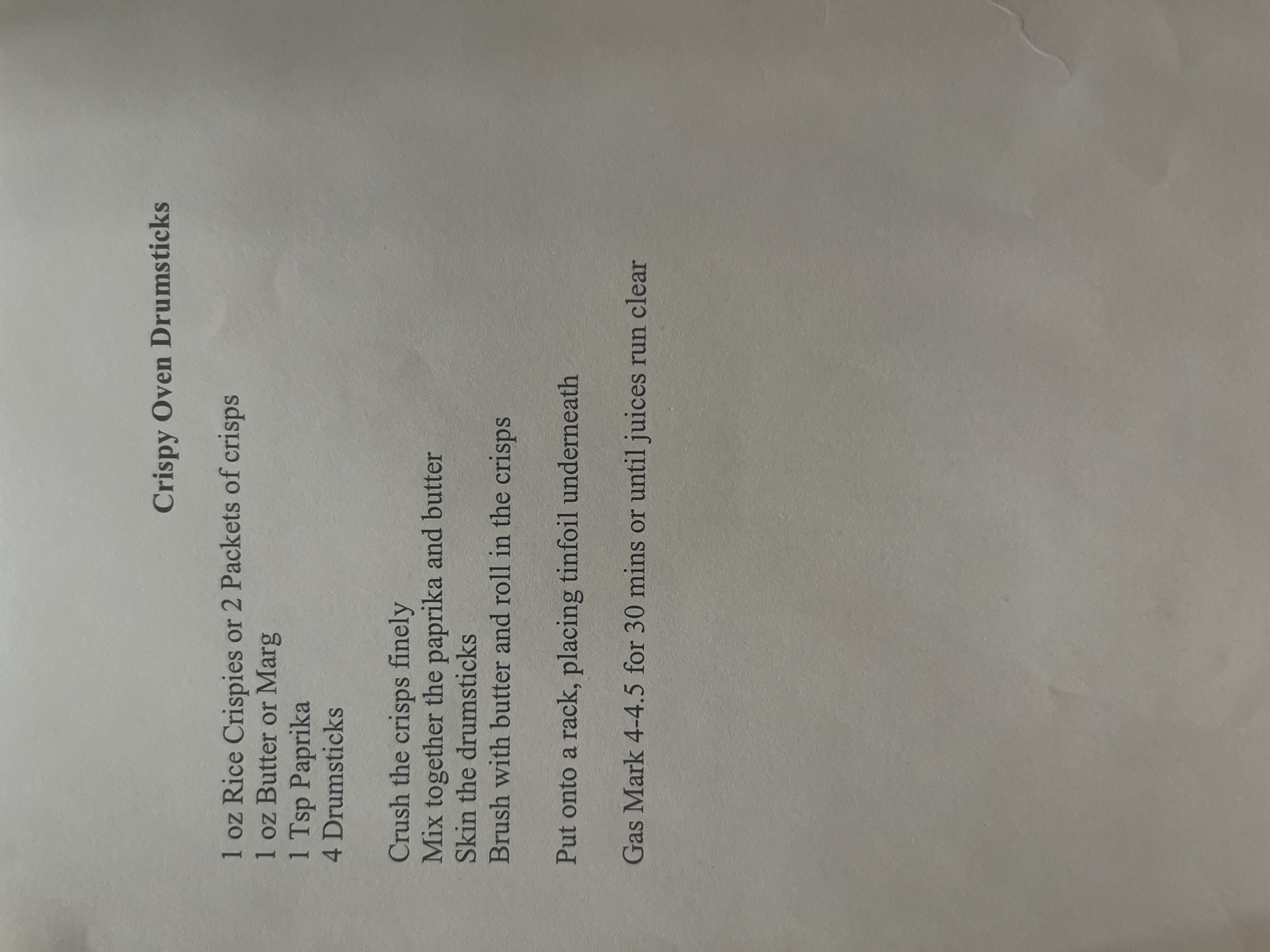 Original handwritten Drumsticks - Crispy Chicken recipe — page 1