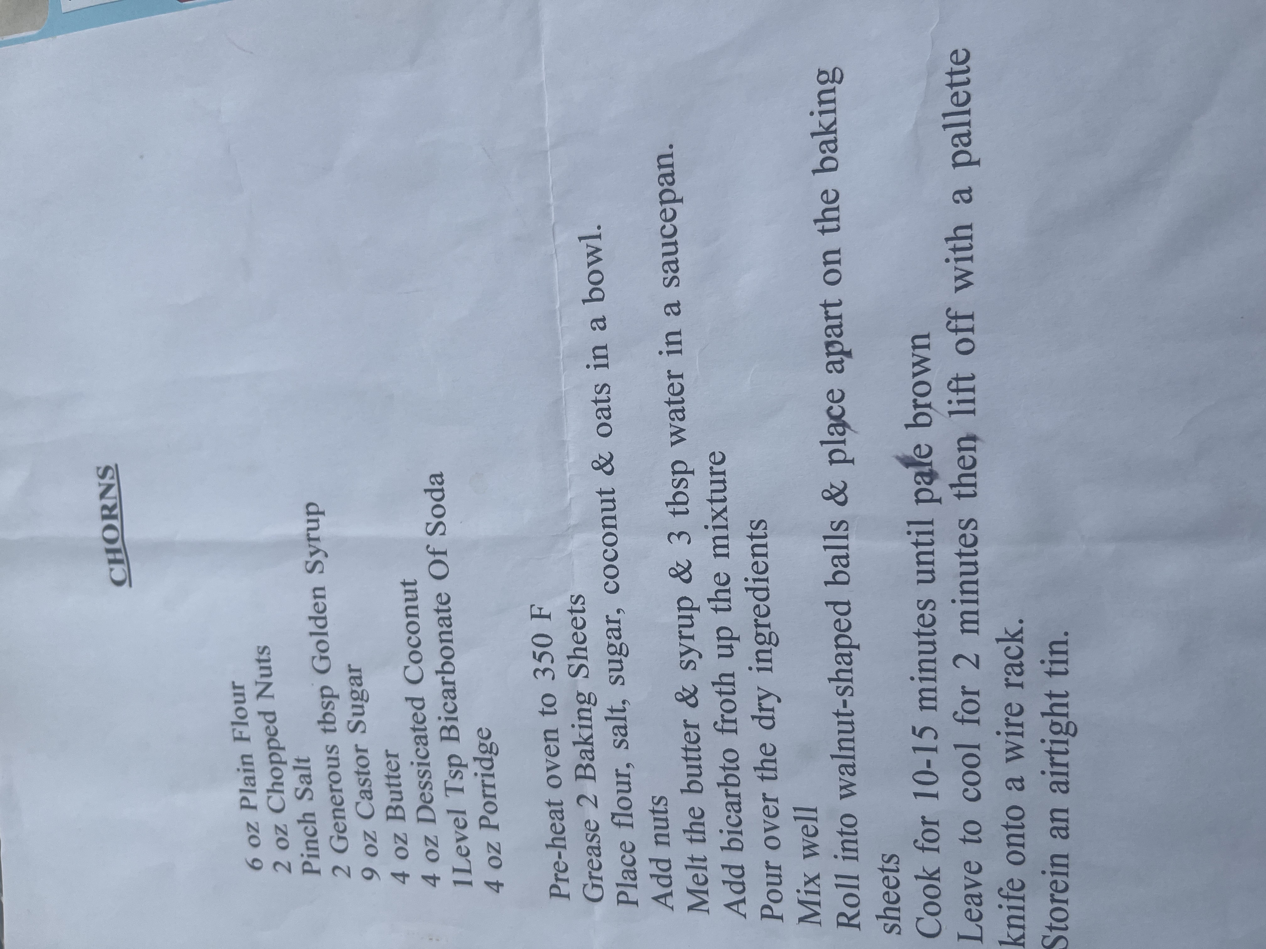 Original handwritten CHORNS recipe — page 1