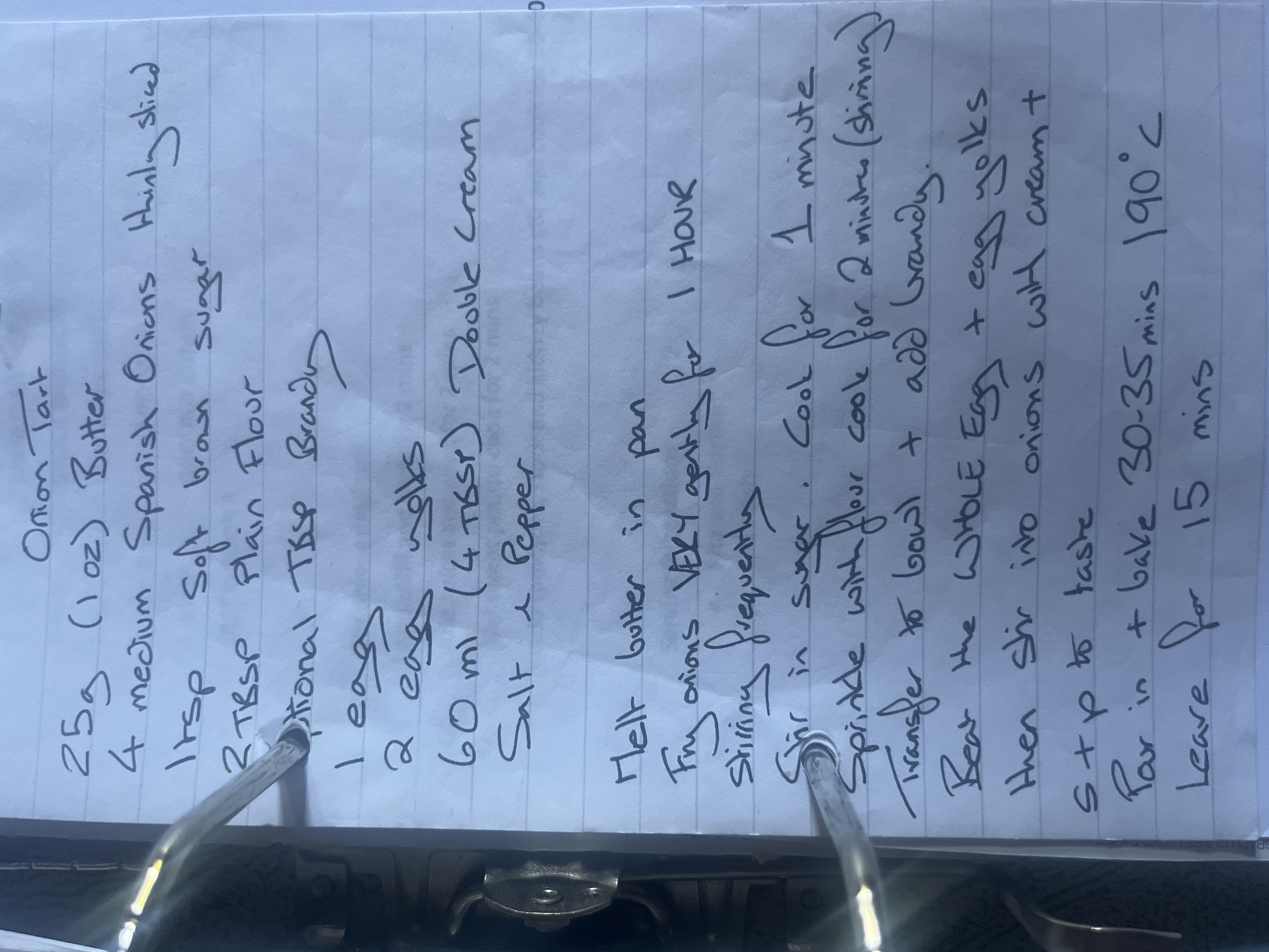 Original handwritten Caramelised French Onion Tart recipe — page 1
