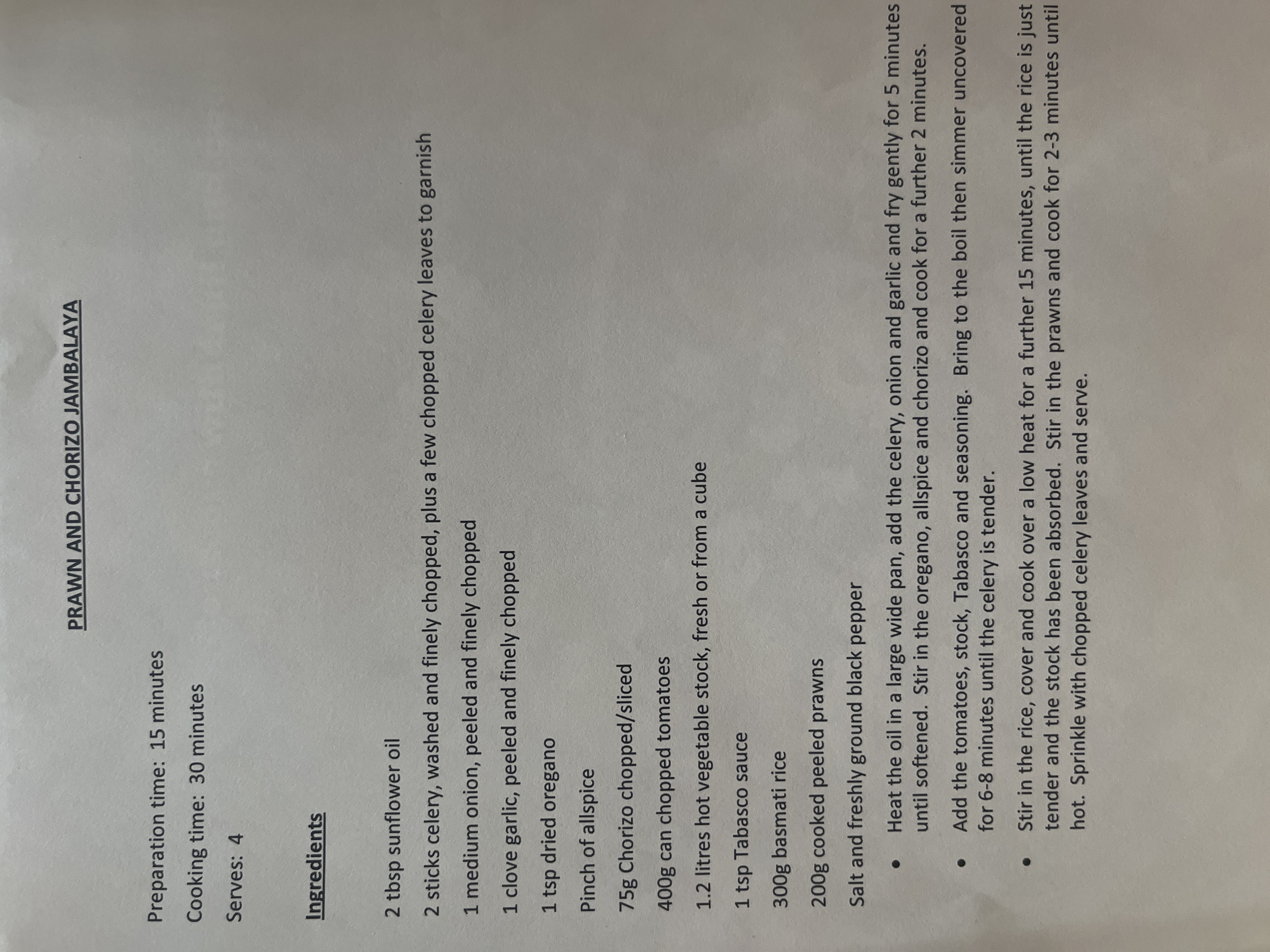 Original handwritten Jambalaya (Prawn & Chorizo) recipe — page 1