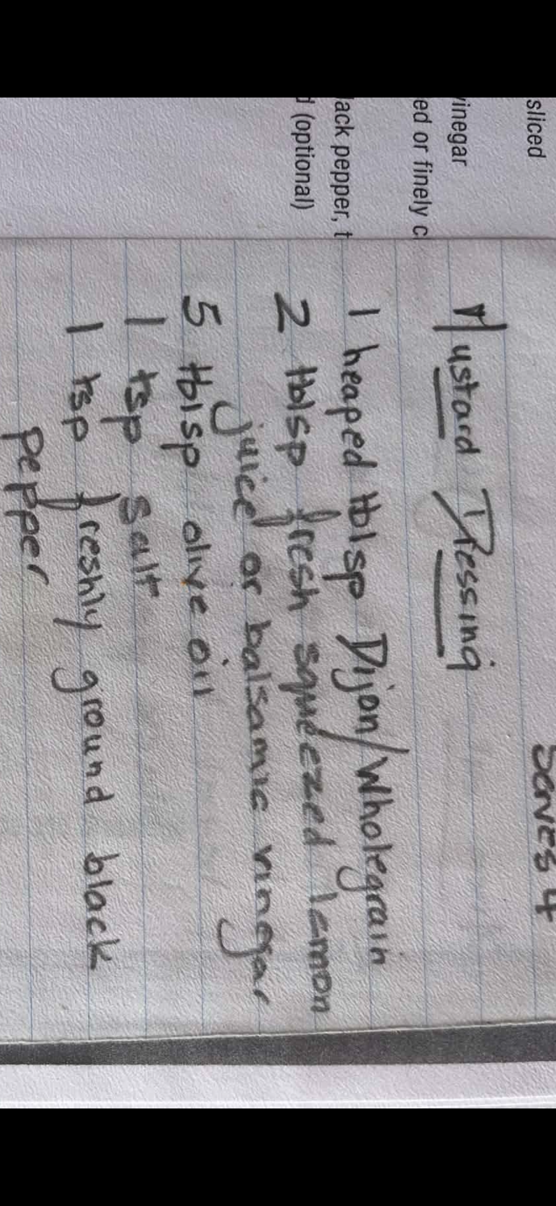 Original handwritten Mustard Dressing recipe — page 1